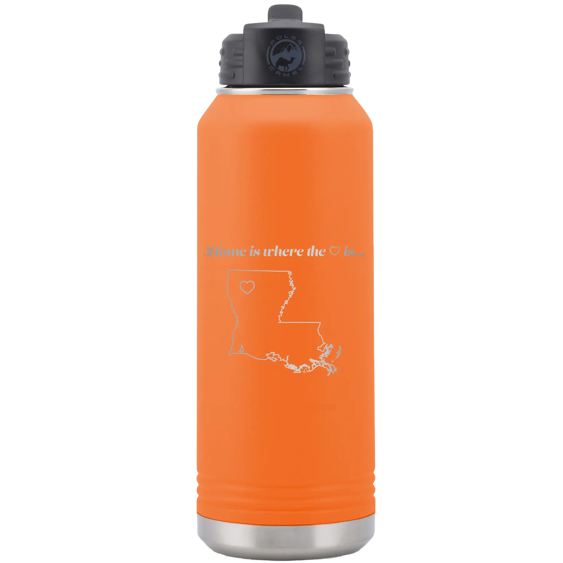 Laser etched orange 32 oz vacuum insulated water bottle with 'Louisiana Heart' design