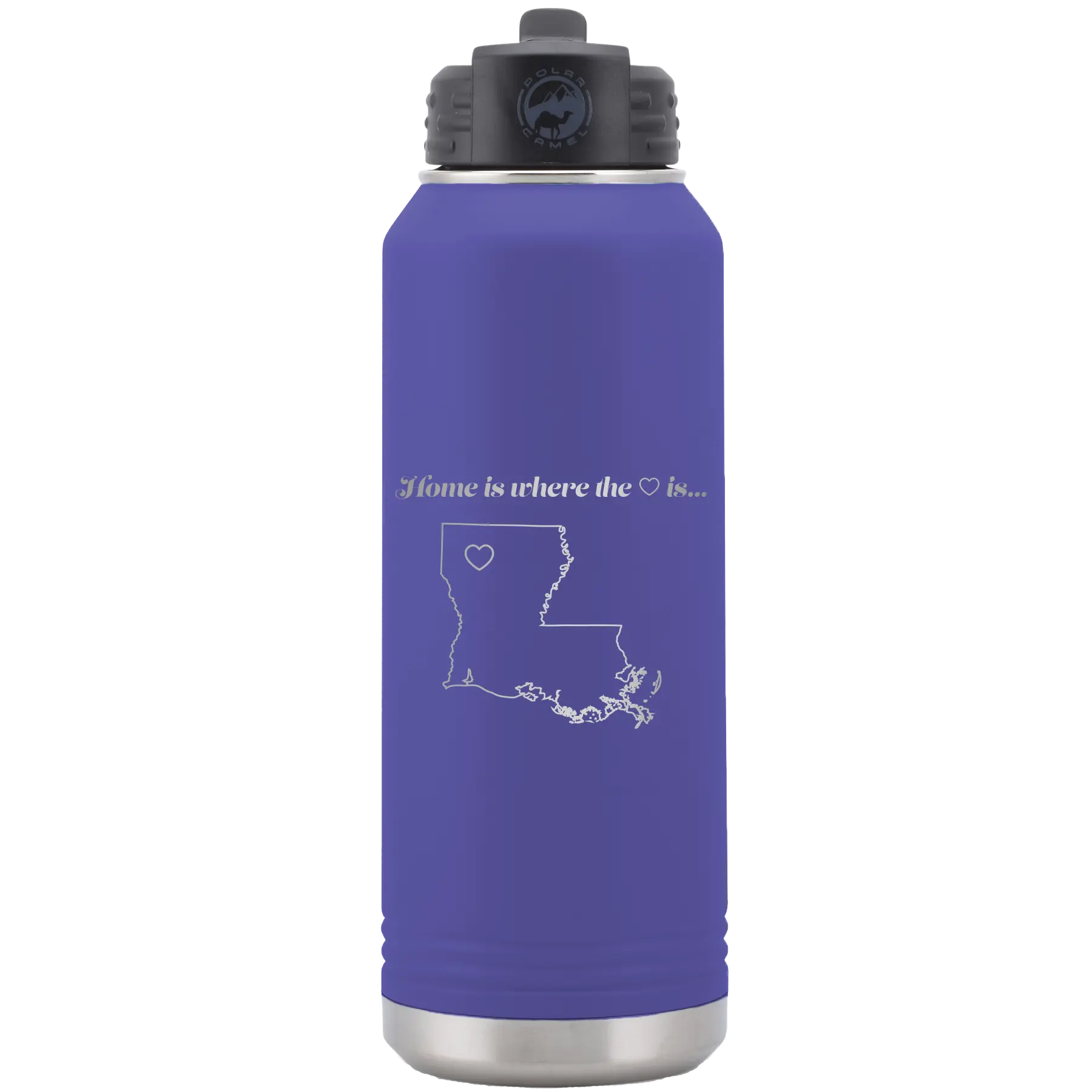 Laser etched purple 32 oz vacuum insulated water bottle with 'Louisiana Heart' design