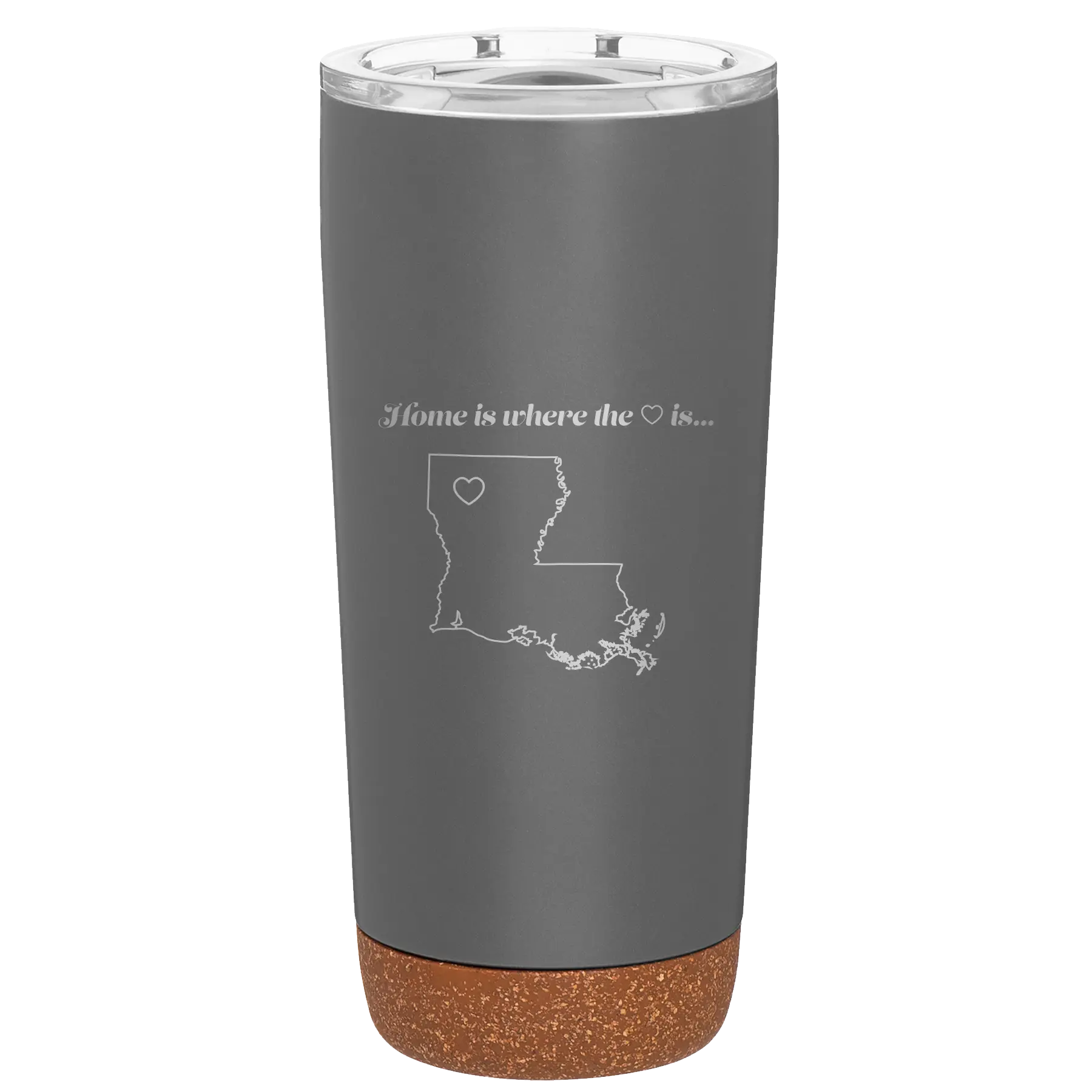 Laser etched storm gray 20 oz vacuum insulated tumbler with 'Louisiana Heart' design