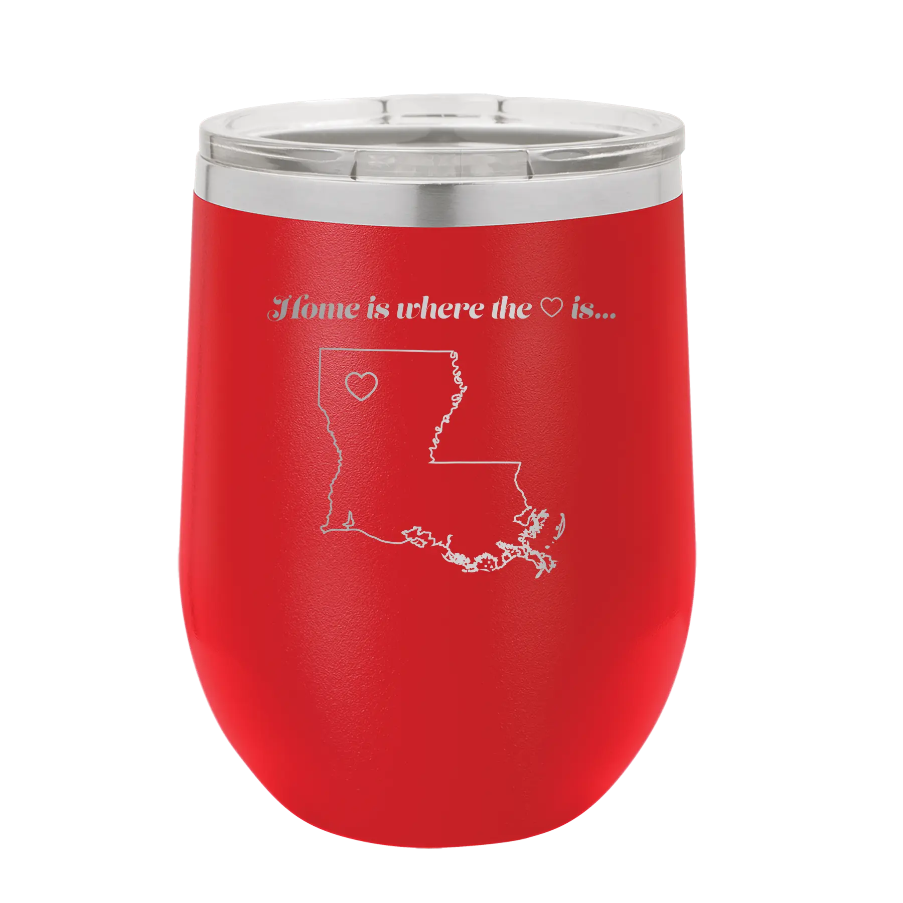 Laser etched red 12 oz vacuum insulated wine cup with 'Louisiana Heart' design