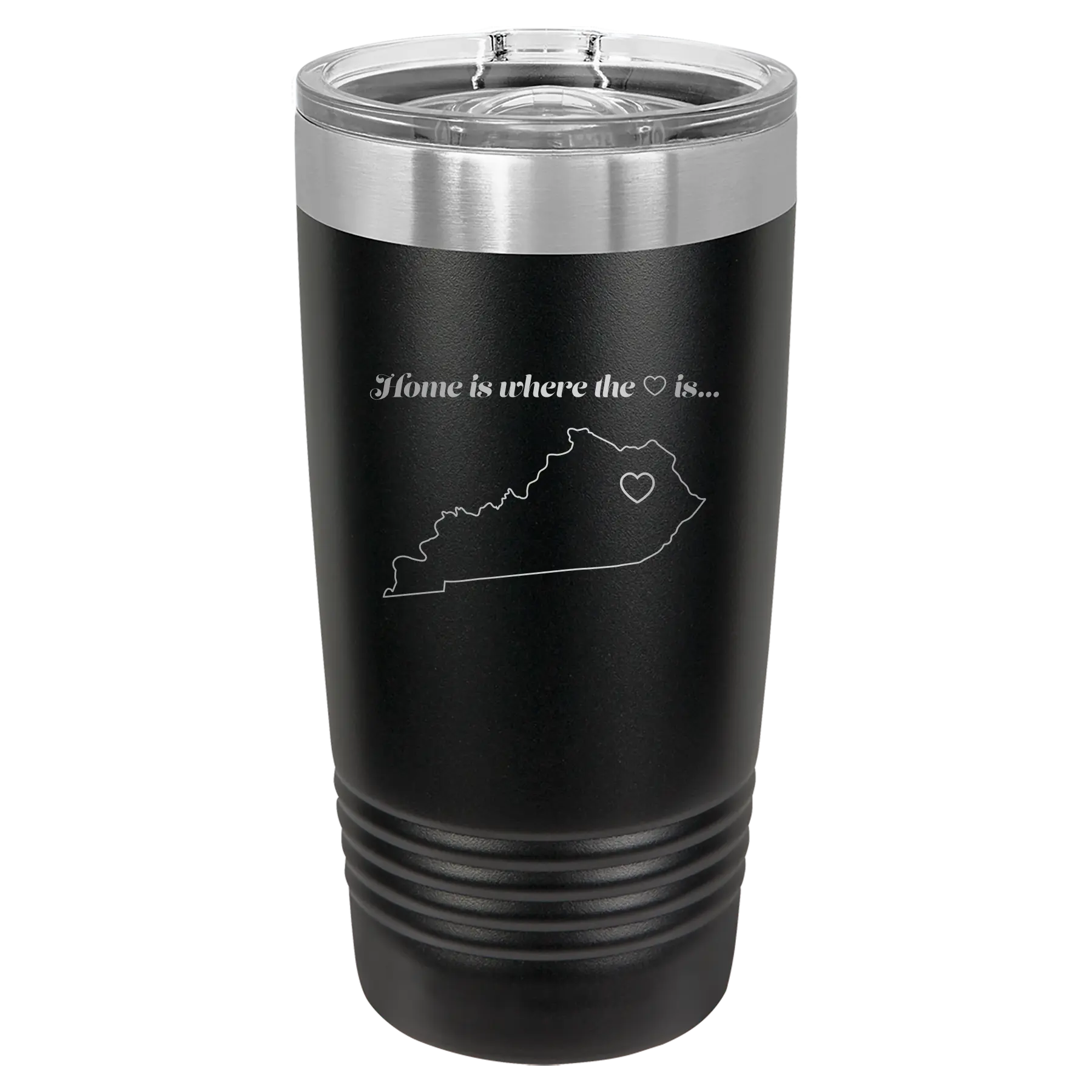 Laser etched black 20 oz vacuum insulated tumbler with 'Kentucky Heart' design