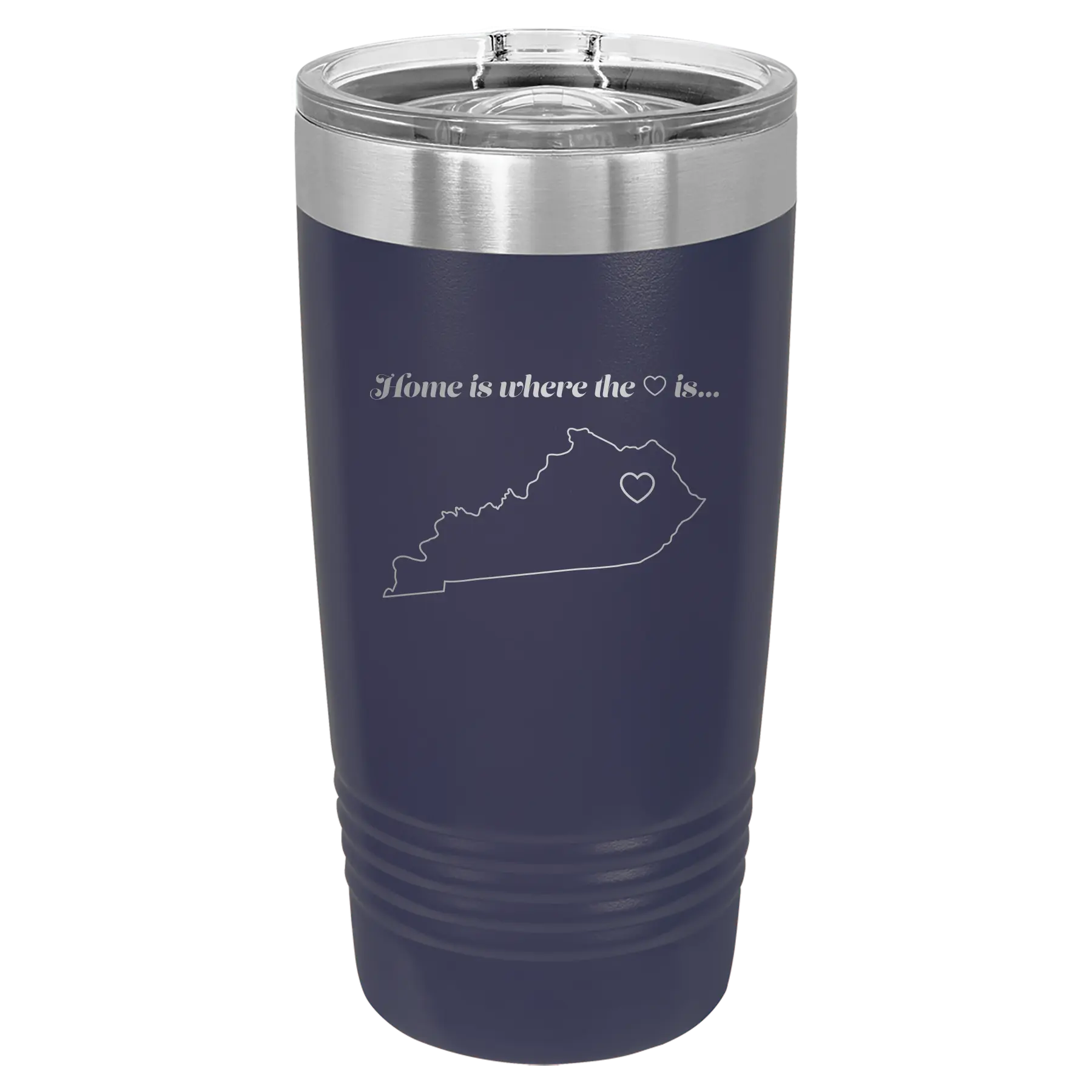 Laser etched navy 20 oz vacuum insulated tumbler with 'Kentucky Heart' design