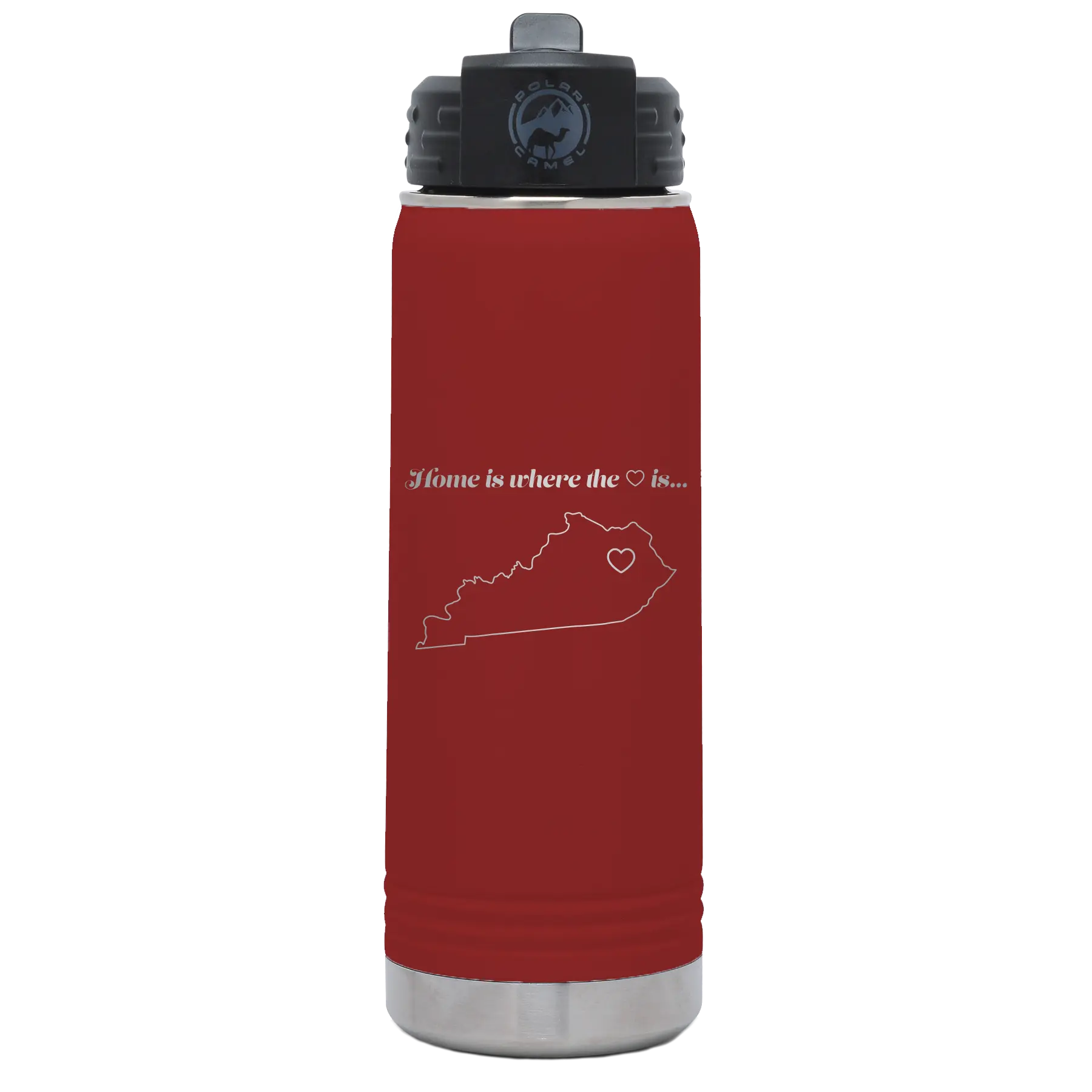 Laser etched maroon 20 oz vacuum insulated water bottle with 'Kentucky Heart' design