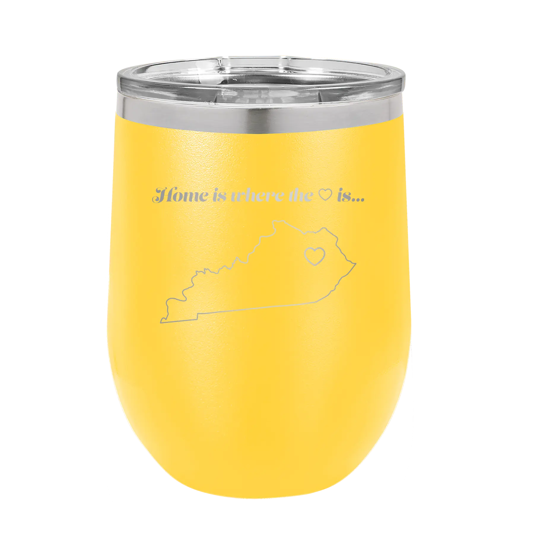Laser etched yellow 12 oz vacuum insulated wine cup with 'Kentucky Heart' design