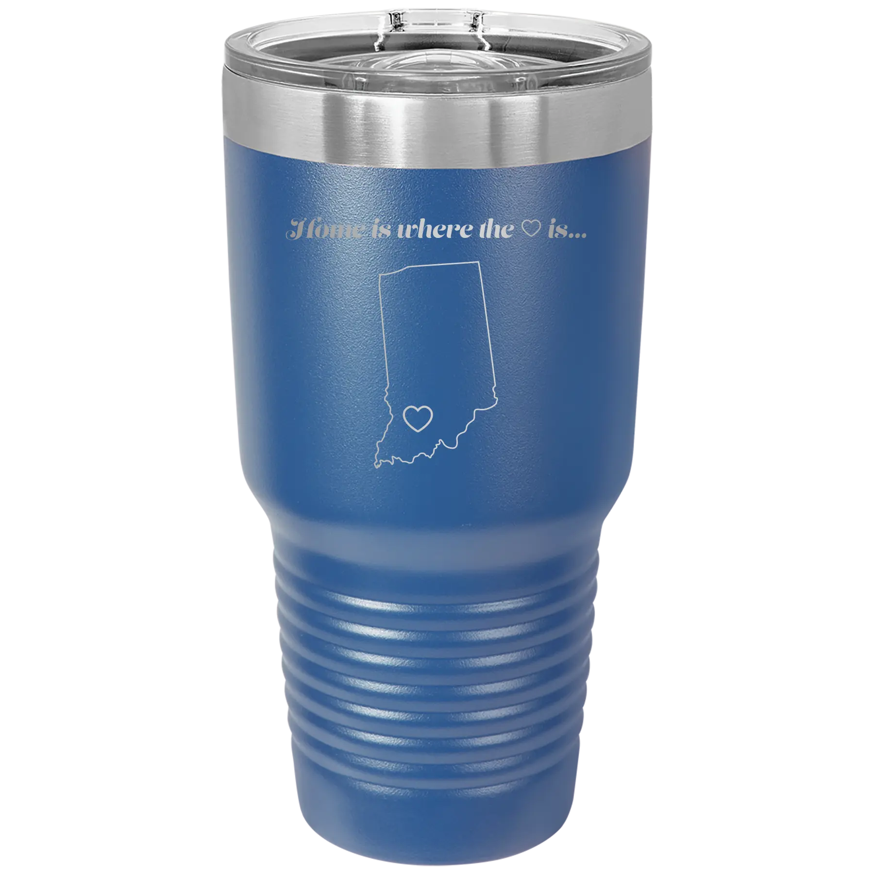 Laser etched royal blue 30 oz vacuum insulated tumbler with 'Indiana Heart' design