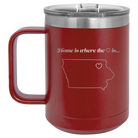 Laser etched maroon 15 oz vacuum insulated coffee mug with 'Iowa Heart' design