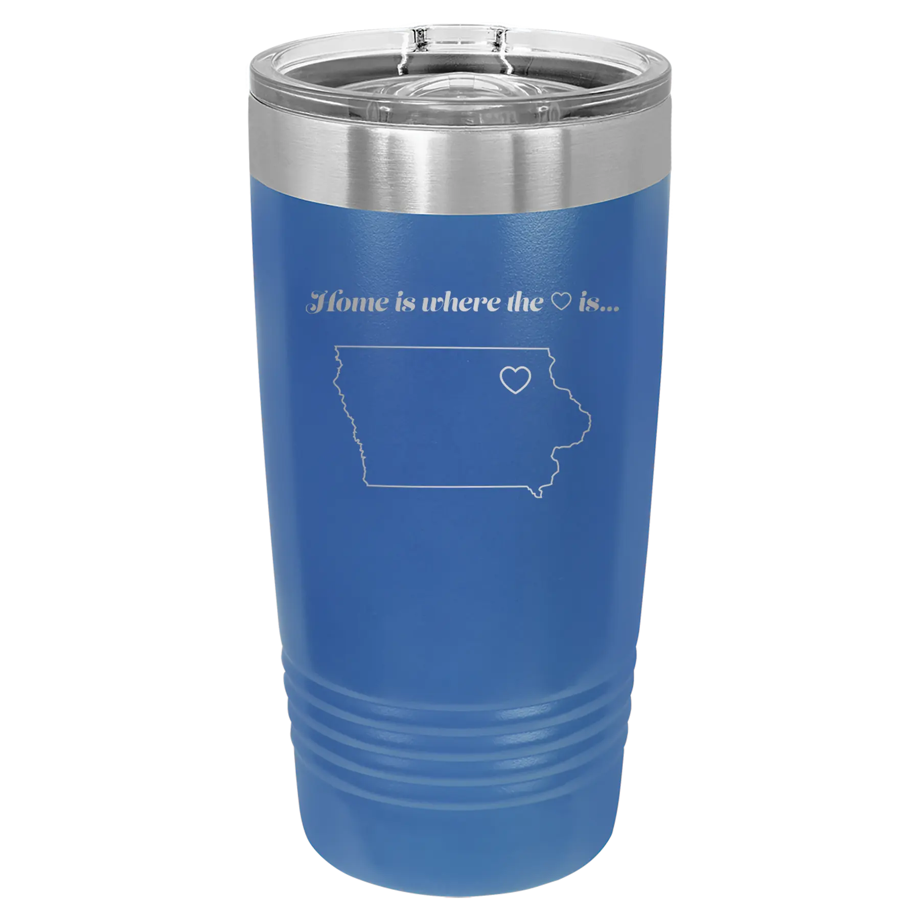 Laser etched royal blue 20 oz vacuum insulated tumbler with 'Iowa Heart' design
