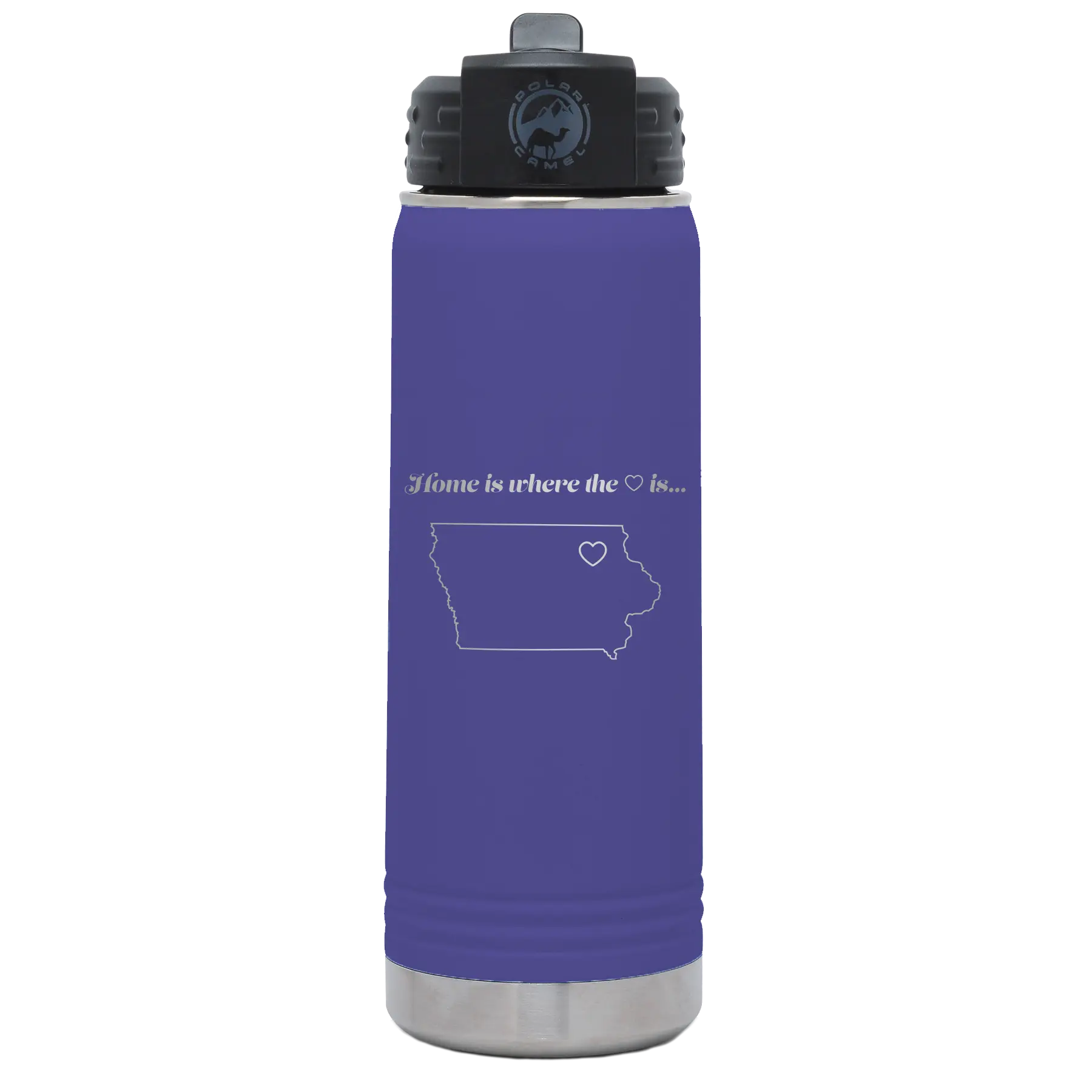 Laser etched purple 20 oz vacuum insulated water bottle with 'Iowa Heart' design