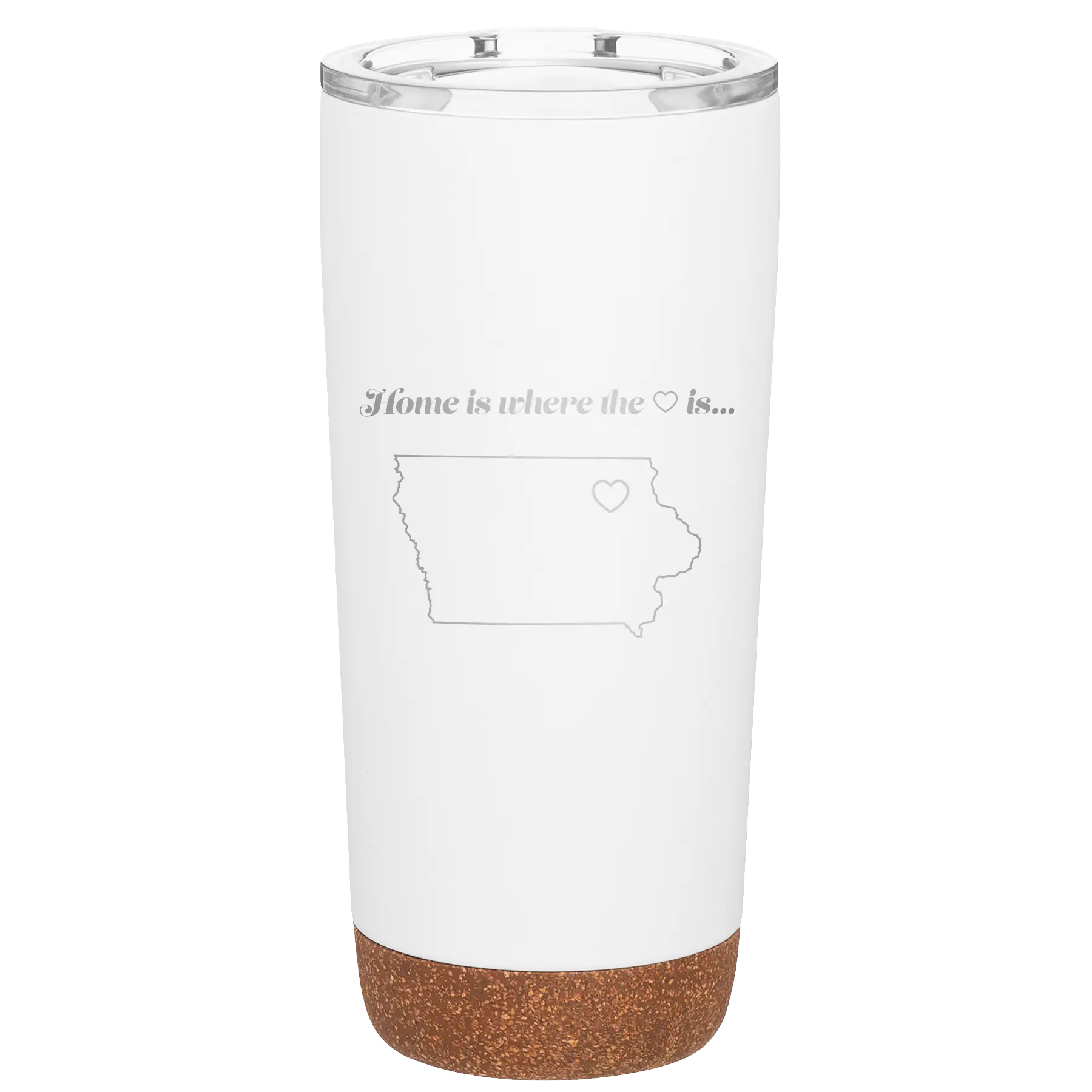 Laser etched white 20 oz vacuum insulated tumbler with 'Iowa Heart' design