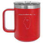 Laser etched red 15 oz vacuum insulated coffee mug with 'Illinois Heart' design