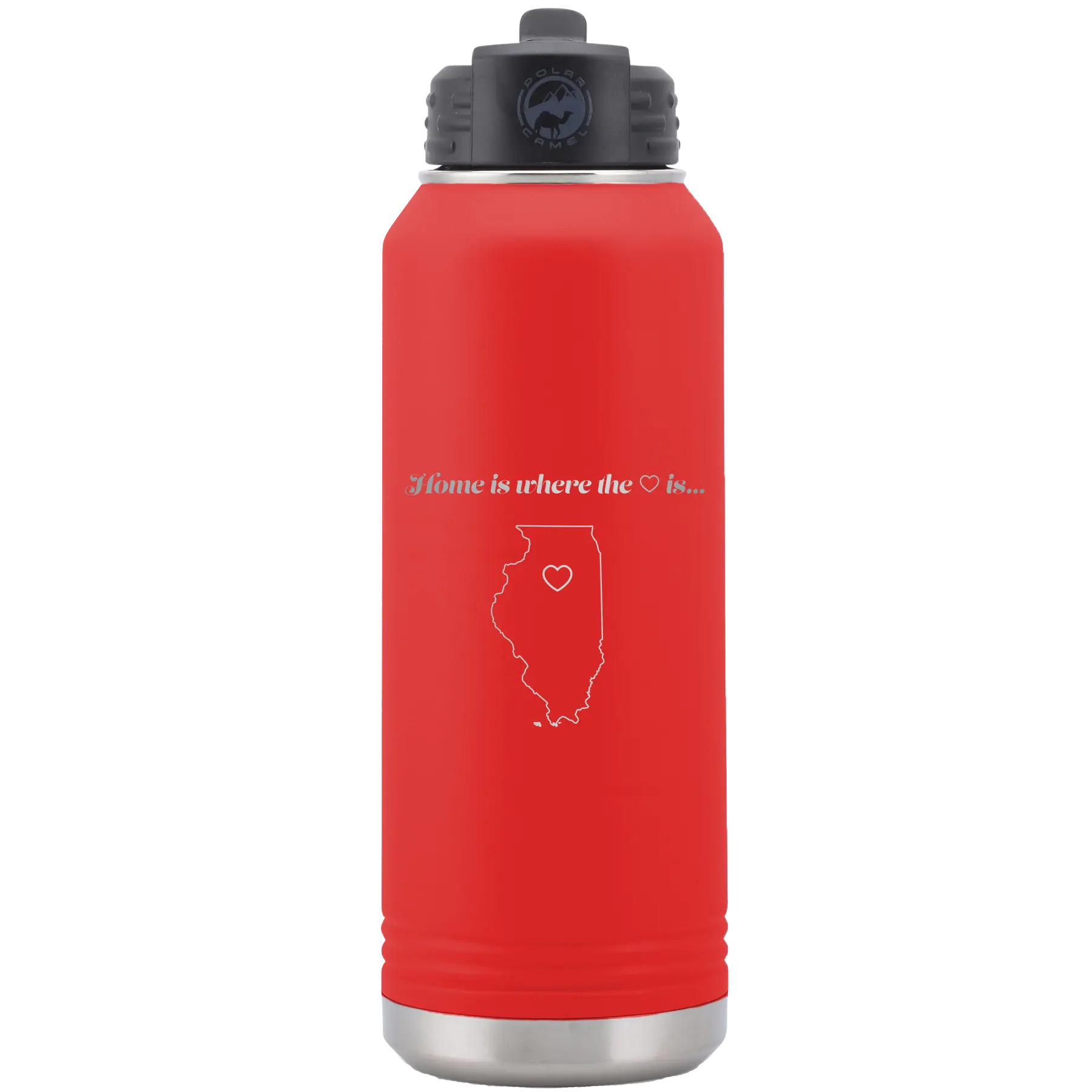 Laser etched red 32 oz vacuum insulated water bottle with 'Illinois Heart' design