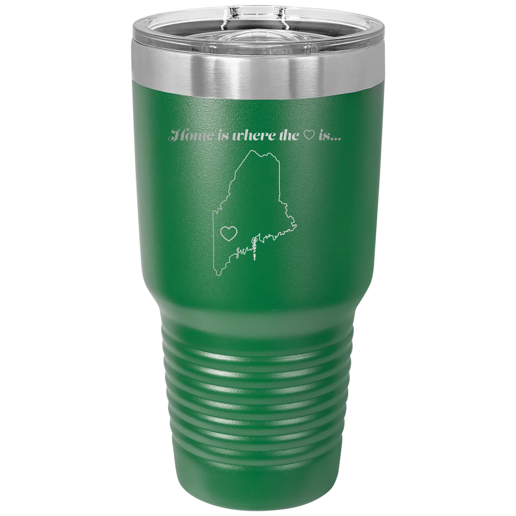Laser etched green 30 oz vacuum insulated tumbler with 'Maine Heart' design