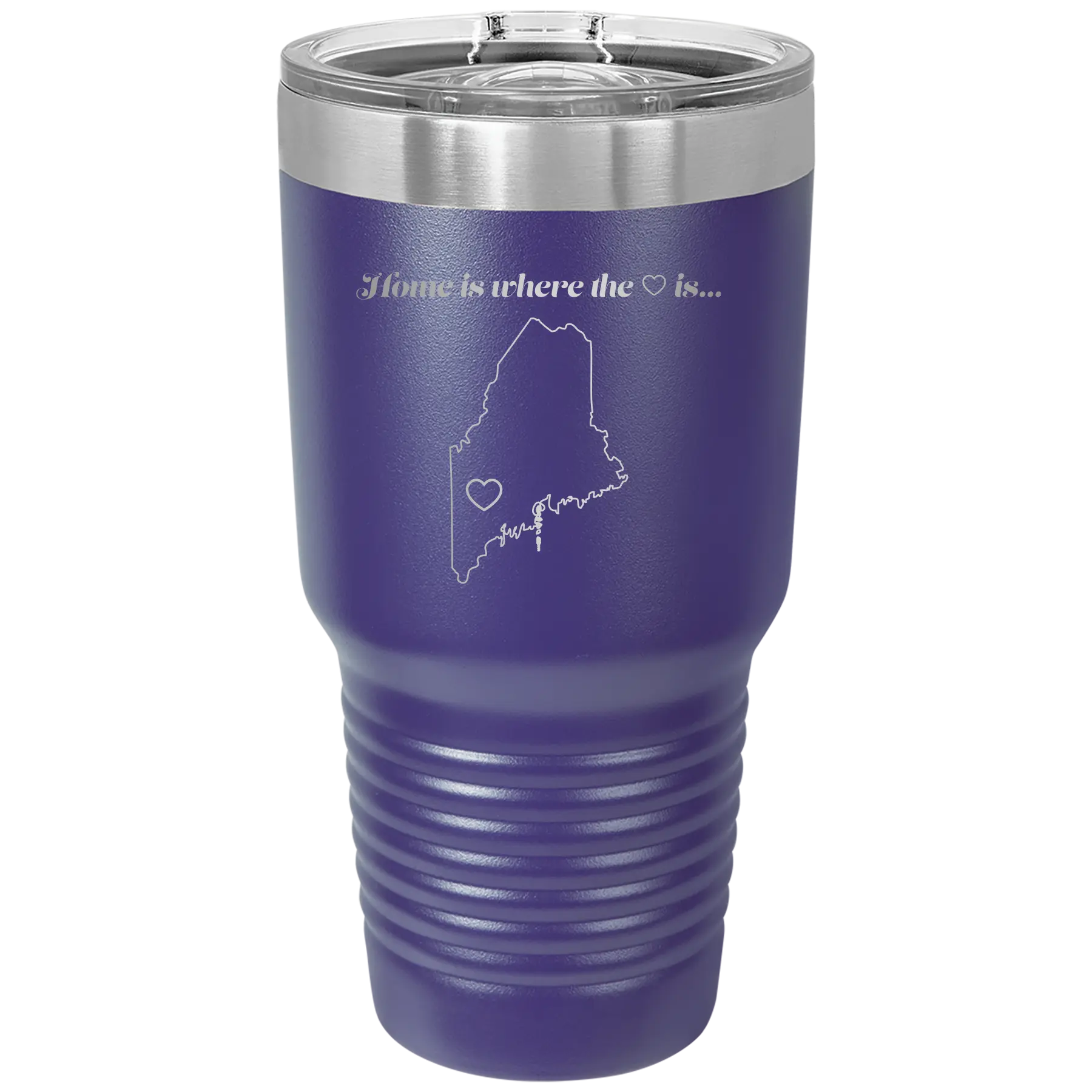 Laser etched purple 30 oz vacuum insulated tumbler with 'Maine Heart' design