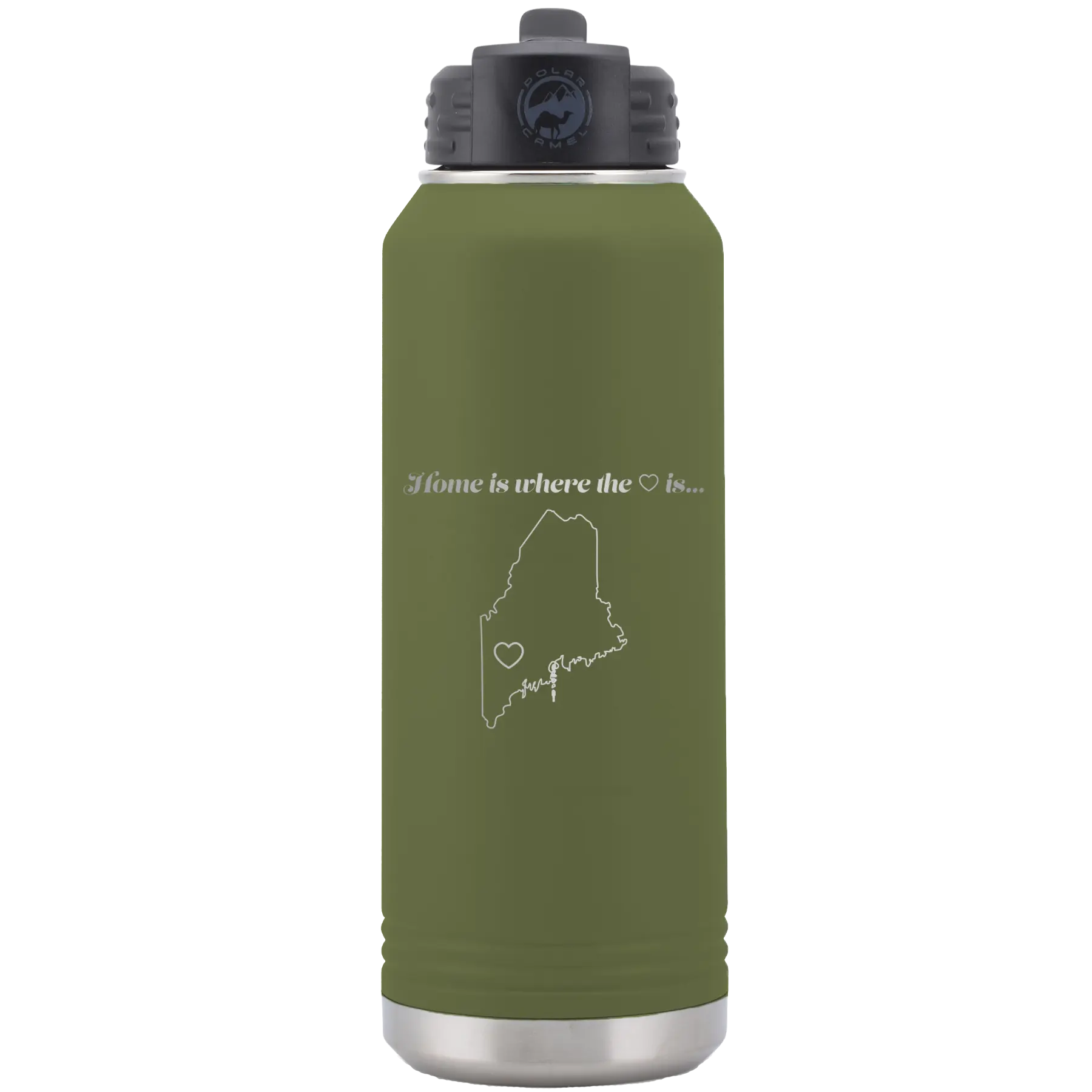 Laser etched olive green 32 oz vacuum insulated water bottle with 'Maine Heart' design
