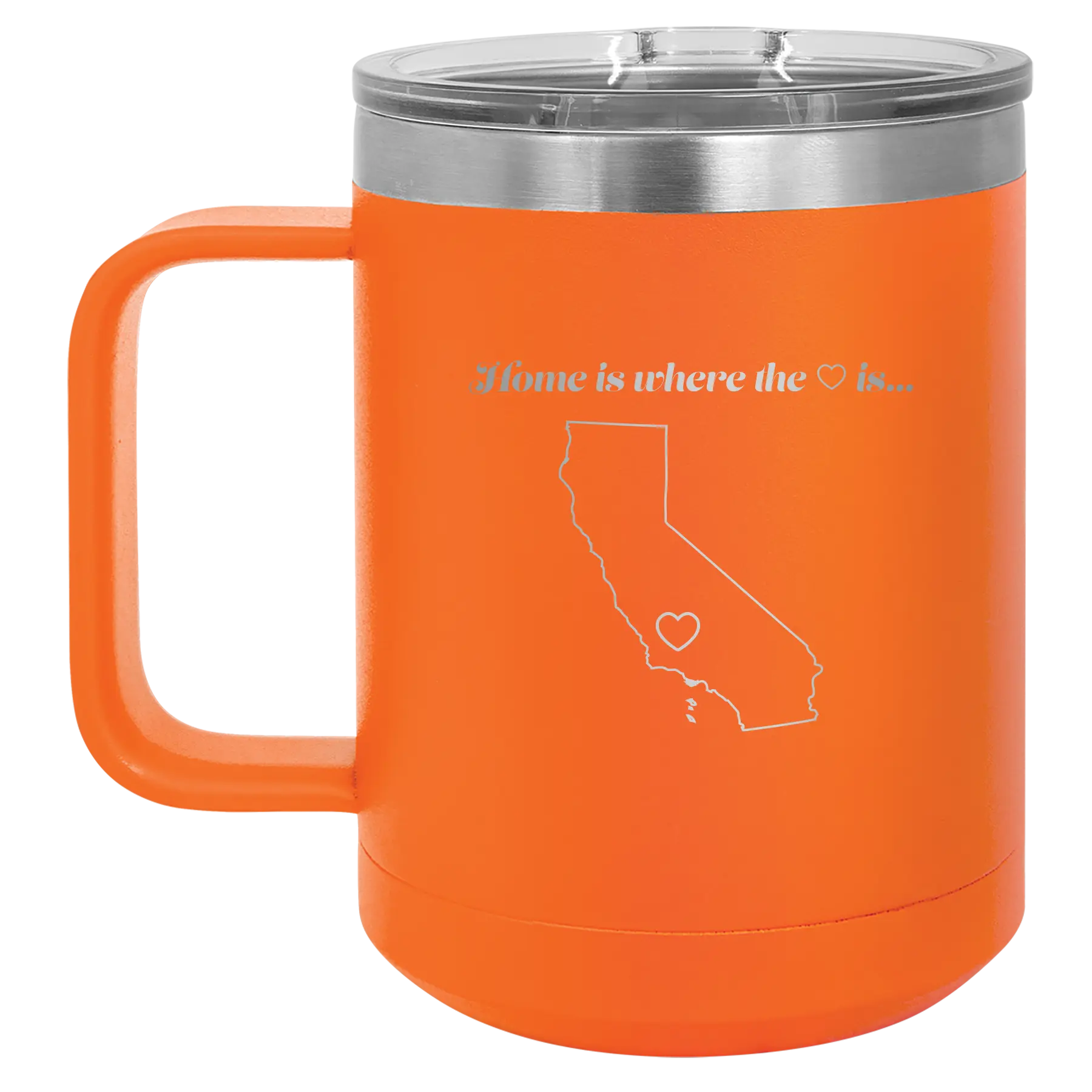 Laser etched orange 15 oz vacuum insulated coffee mug with 'California Heart' design
