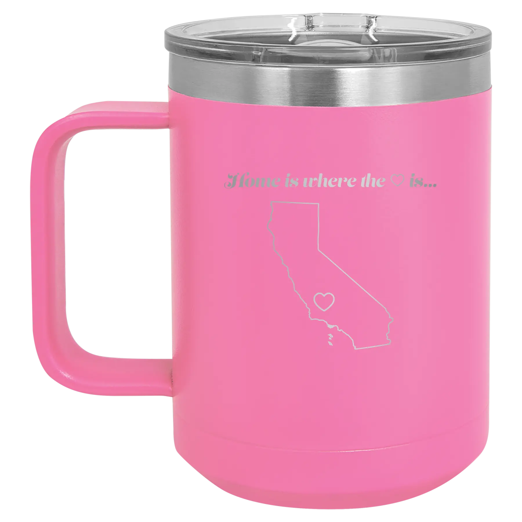 Laser etched pink 15 oz vacuum insulated coffee mug with 'California Heart' design