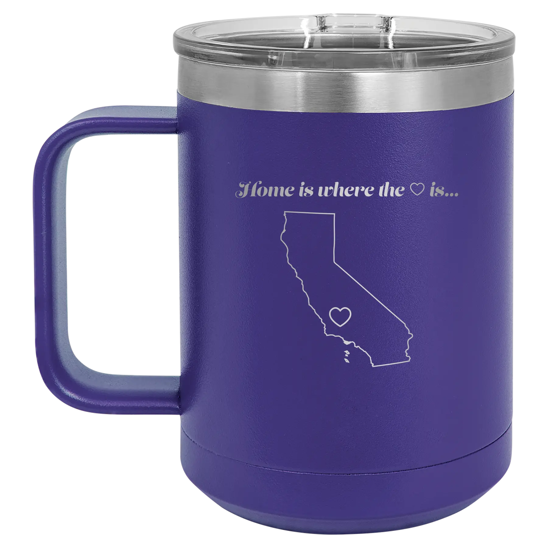 Laser etched purple 15 oz vacuum insulated coffee mug with 'California Heart' design