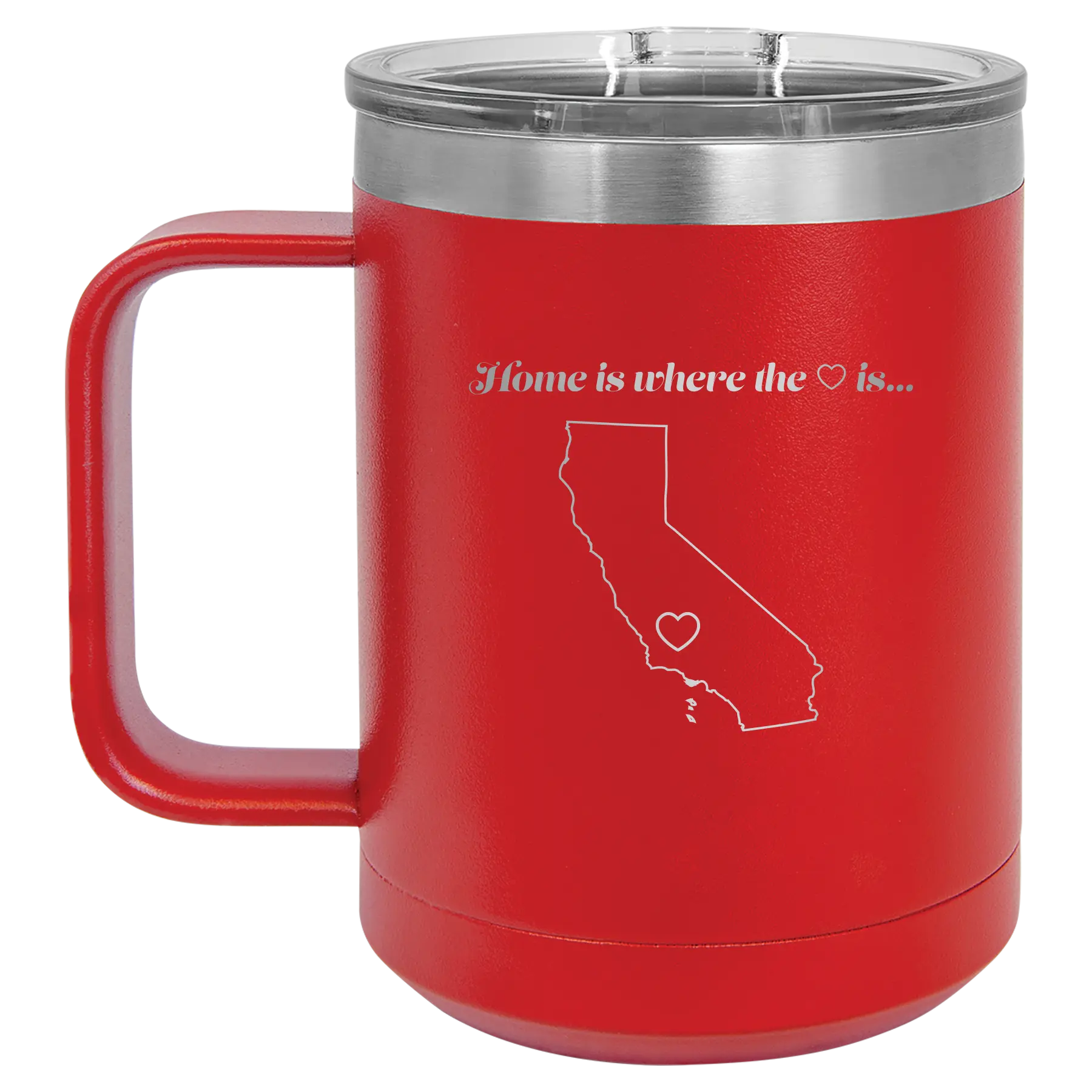 Laser etched red 15 oz vacuum insulated coffee mug with 'California Heart' design