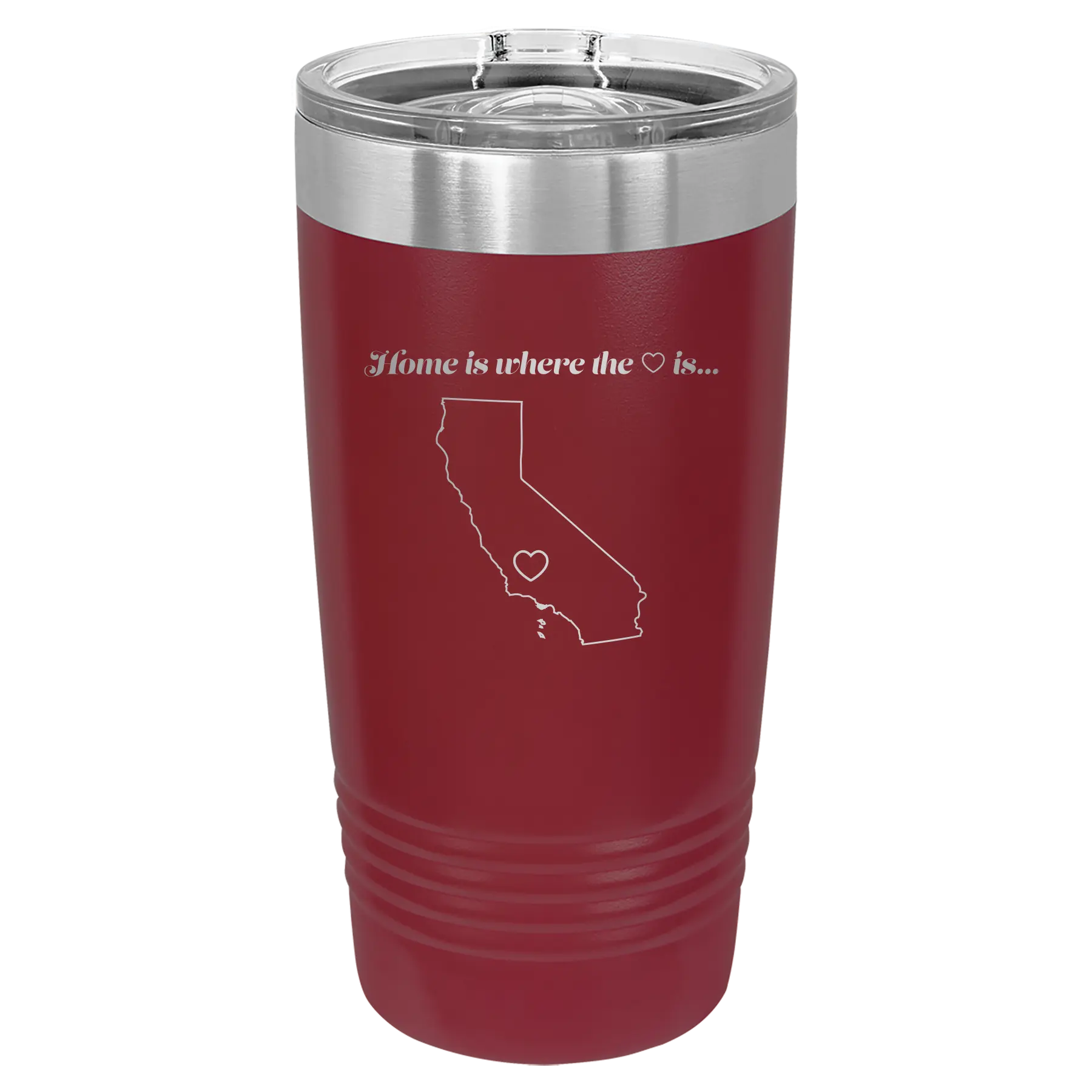 Laser etched maroon 20 oz vacuum insulated tumbler with 'California Heart' design