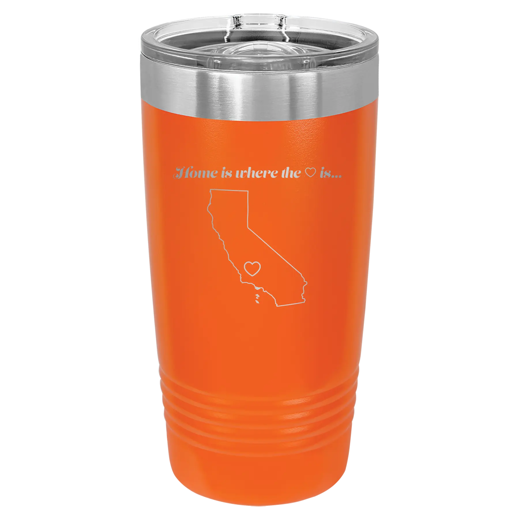 Laser etched orange 20 oz vacuum insulated tumbler with 'California Heart' design