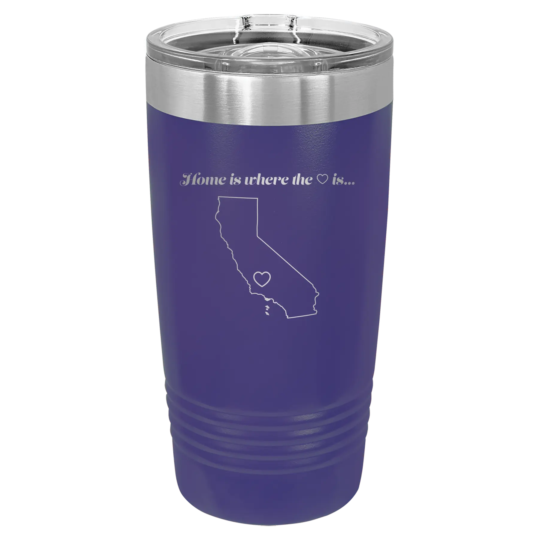 Laser etched purple 20 oz vacuum insulated tumbler with 'California Heart' design