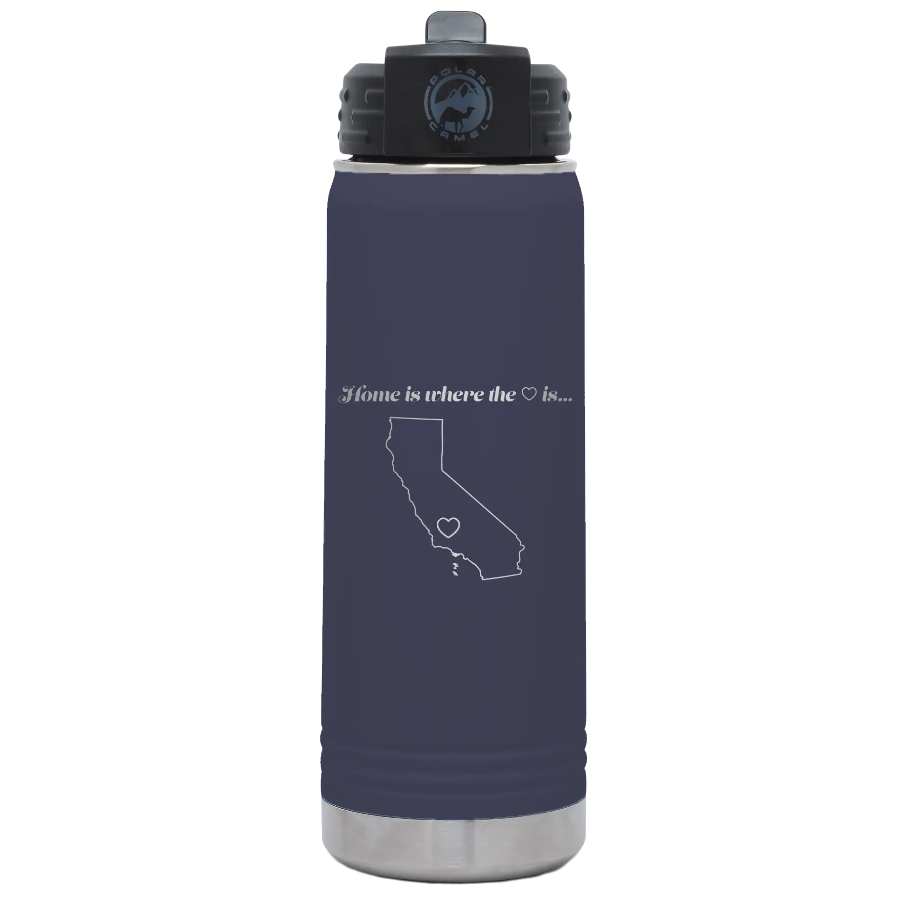 Laser etched navy 20 oz vacuum insulated water bottle with 'California Heart' design