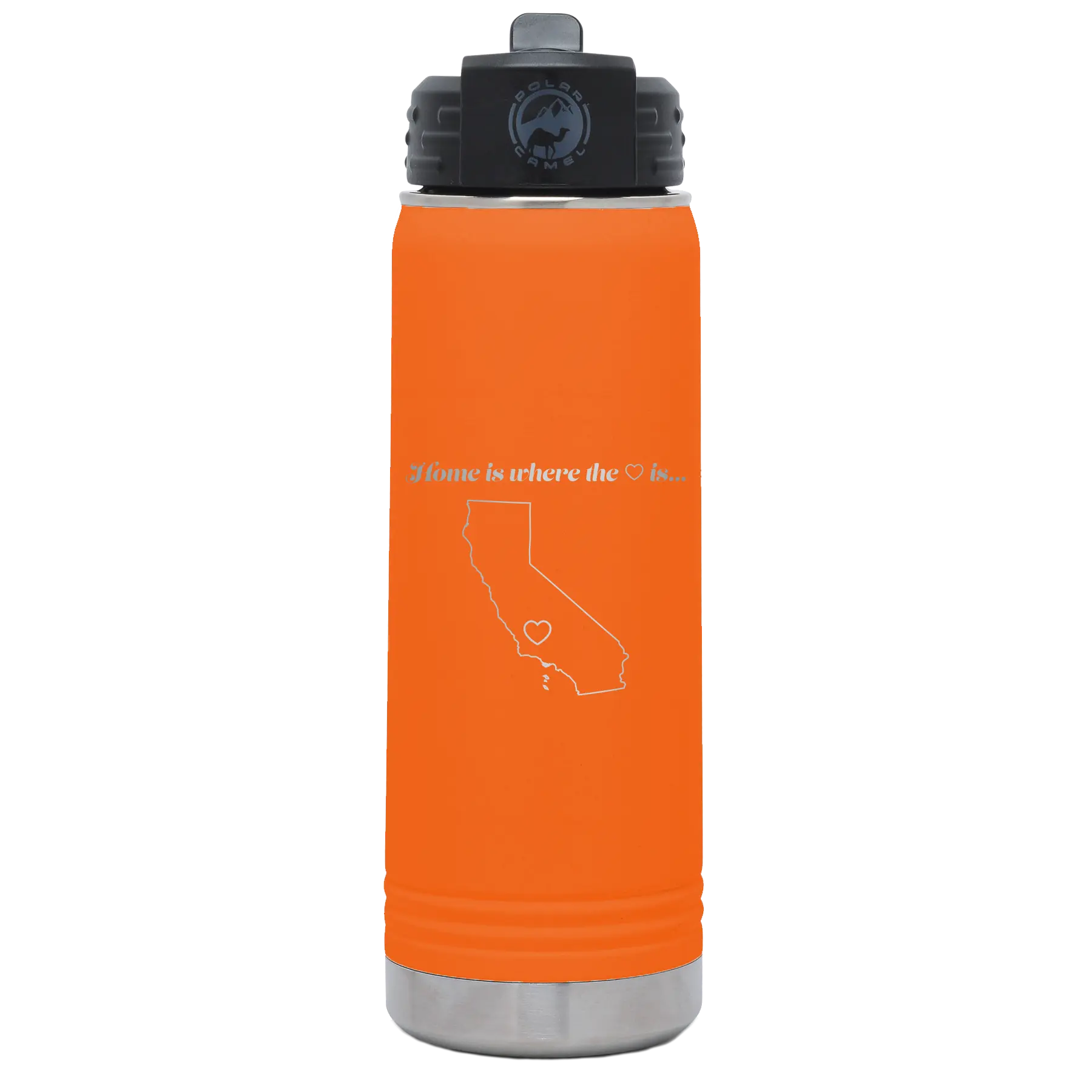 Laser etched orange 20 oz vacuum insulated water bottle with 'California Heart' design