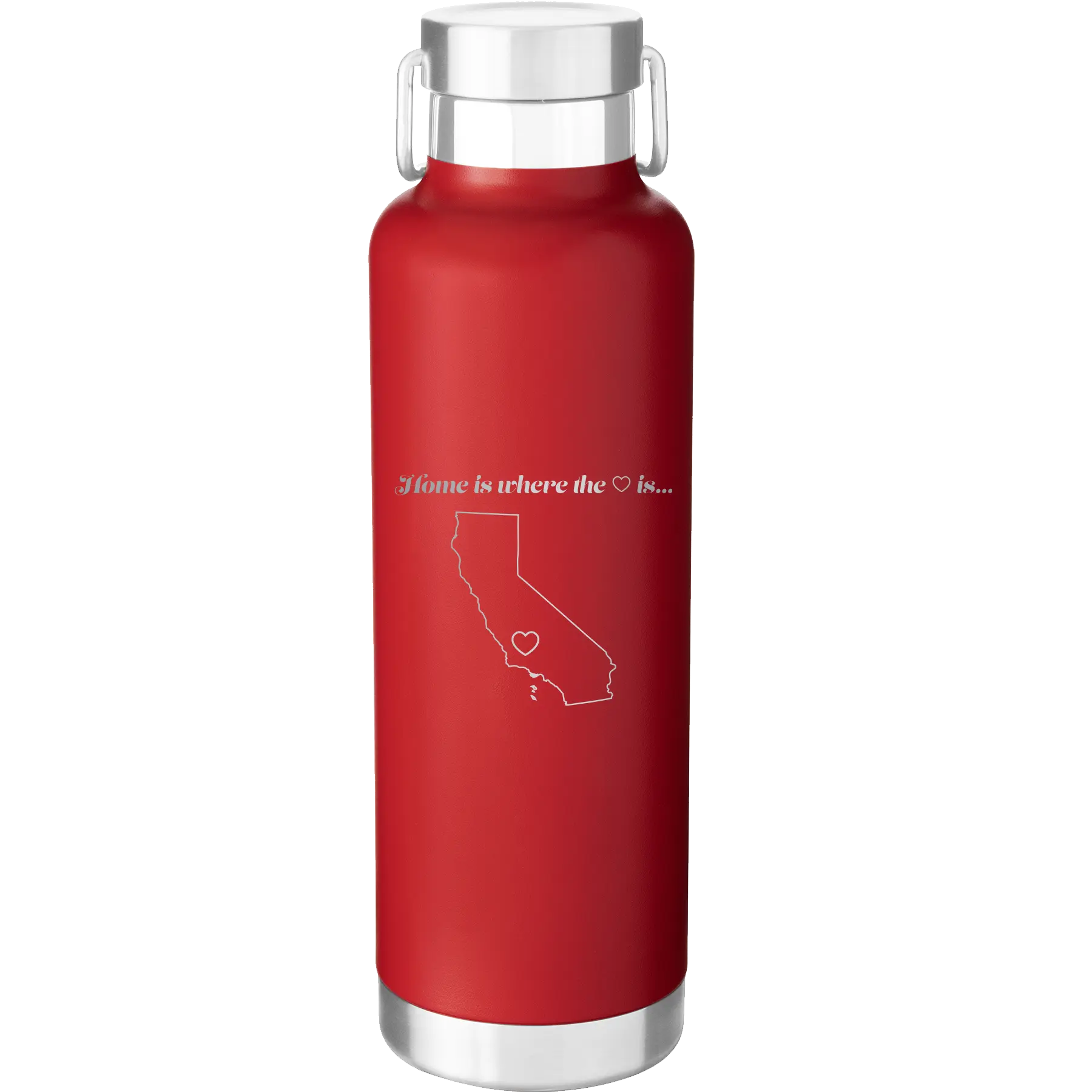 Laser etched red 24 oz vacuum insulated water bottle with 'California Heart' design