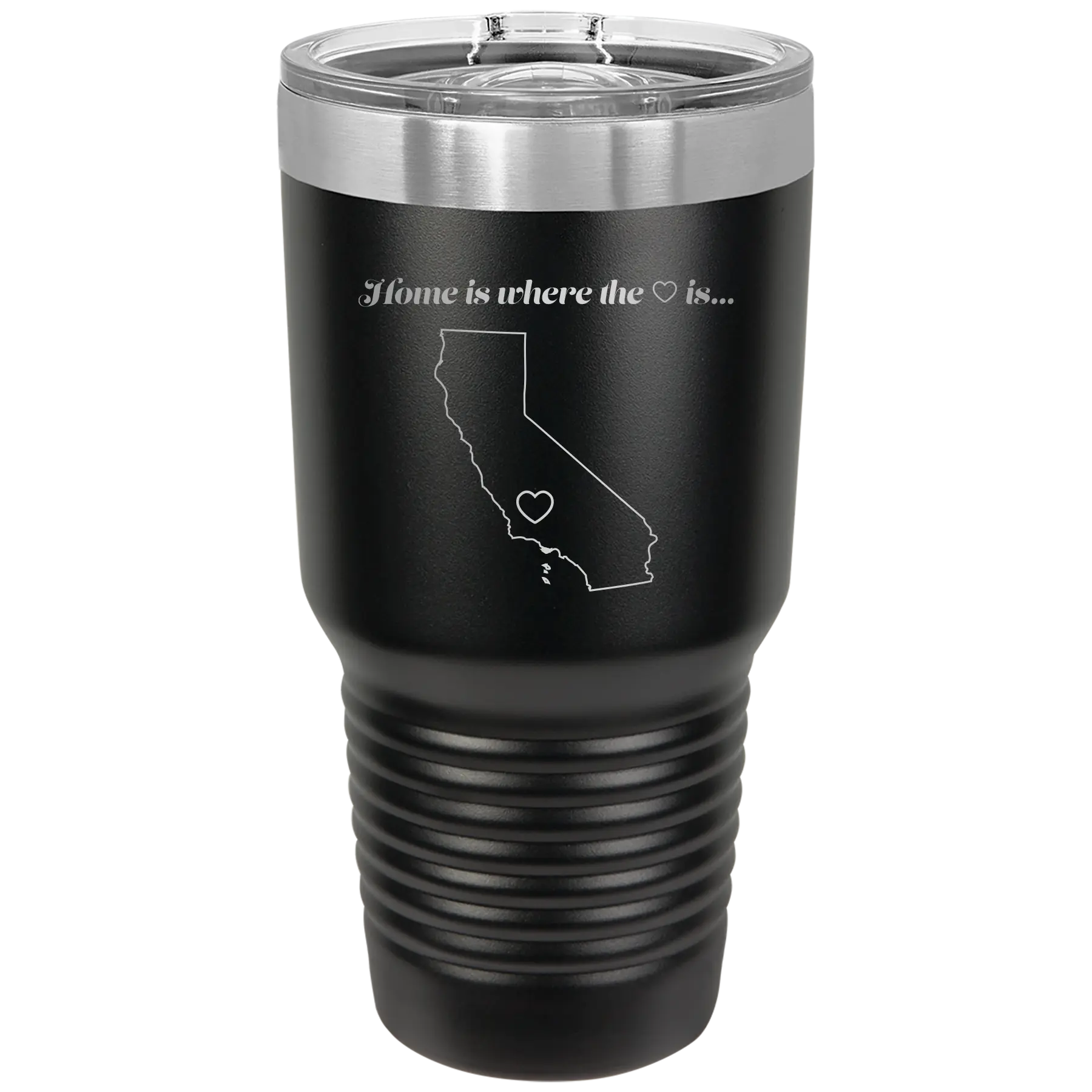 Laser etched black 30 oz vacuum insulated tumbler with 'California Heart' design