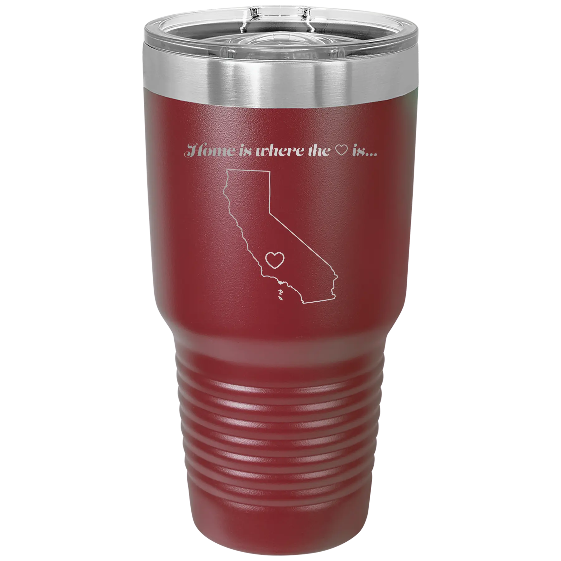 Laser etched maroon 30 oz vacuum insulated tumbler with 'California Heart' design