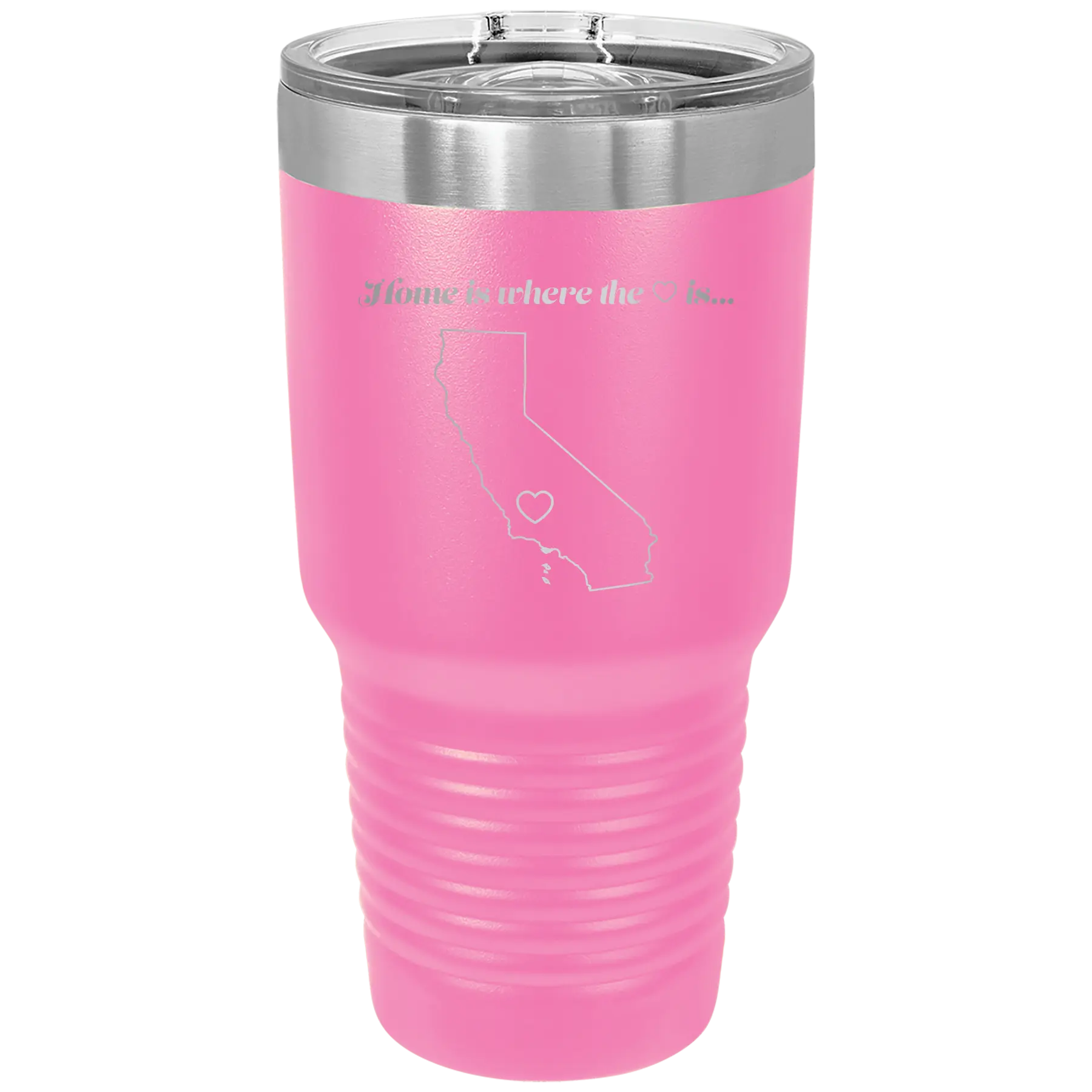 Laser etched pink 30 oz vacuum insulated tumbler with 'California Heart' design