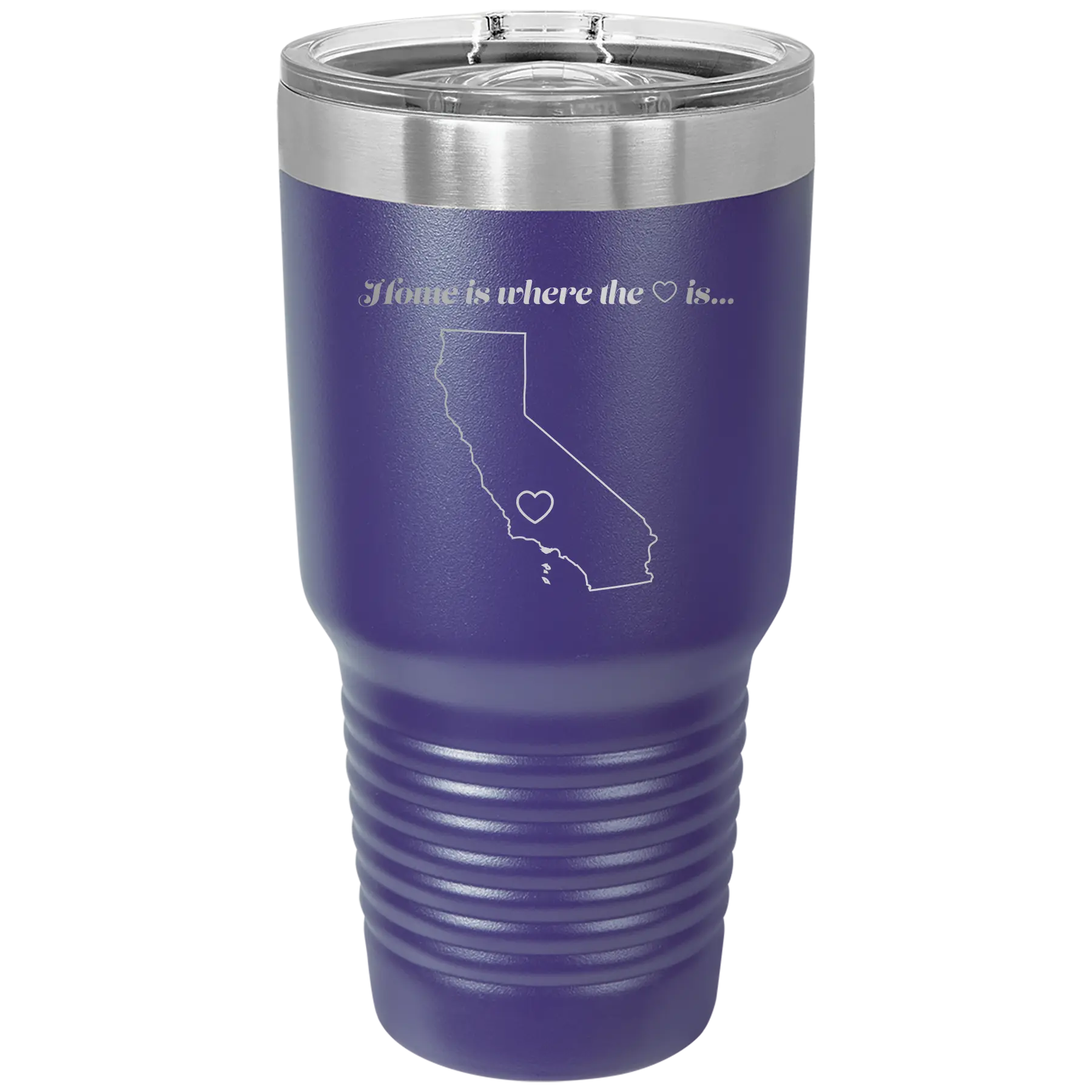 Laser etched purple 30 oz vacuum insulated tumbler with 'California Heart' design