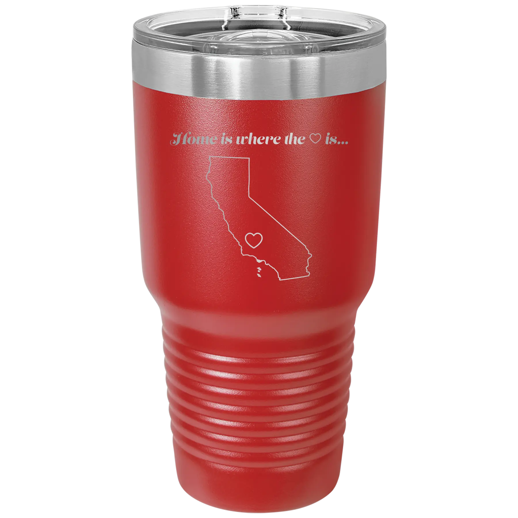 Laser etched red 30 oz vacuum insulated tumbler with 'California Heart' design