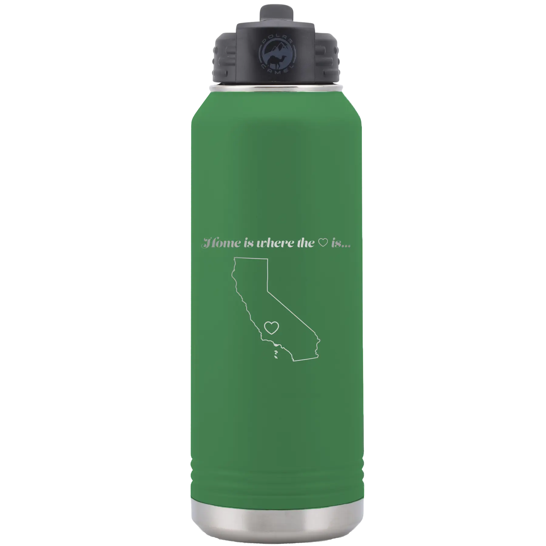 Laser etched green 32 oz vacuum insulated water bottle with 'California Heart' design