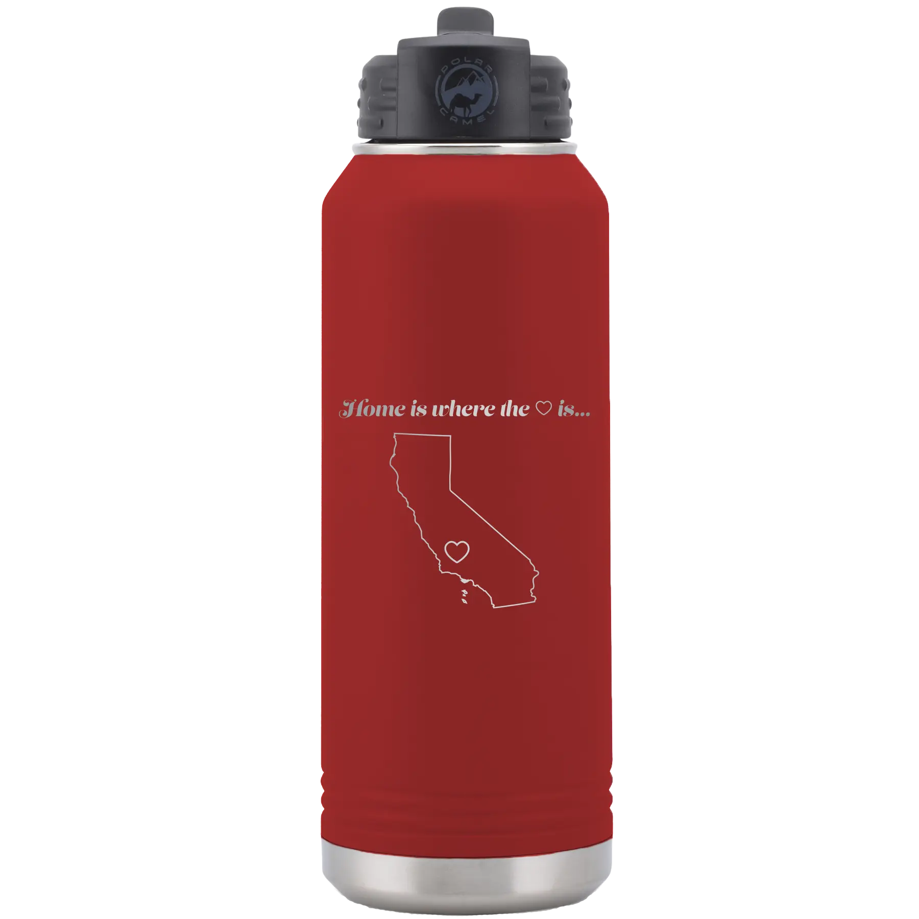 Laser etched maroon 32 oz vacuum insulated water bottle with 'California Heart' design