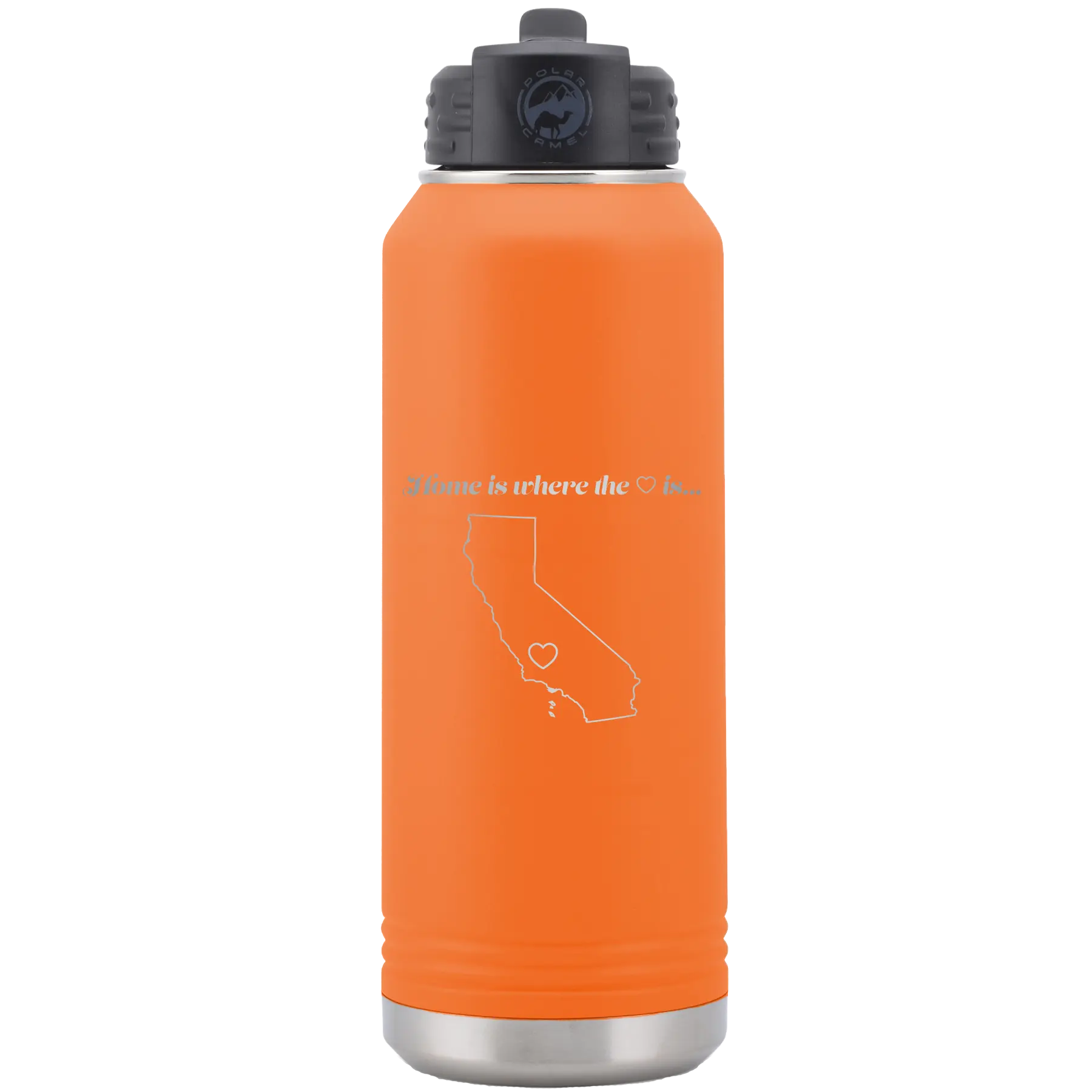 Laser etched orange 32 oz vacuum insulated water bottle with 'California Heart' design