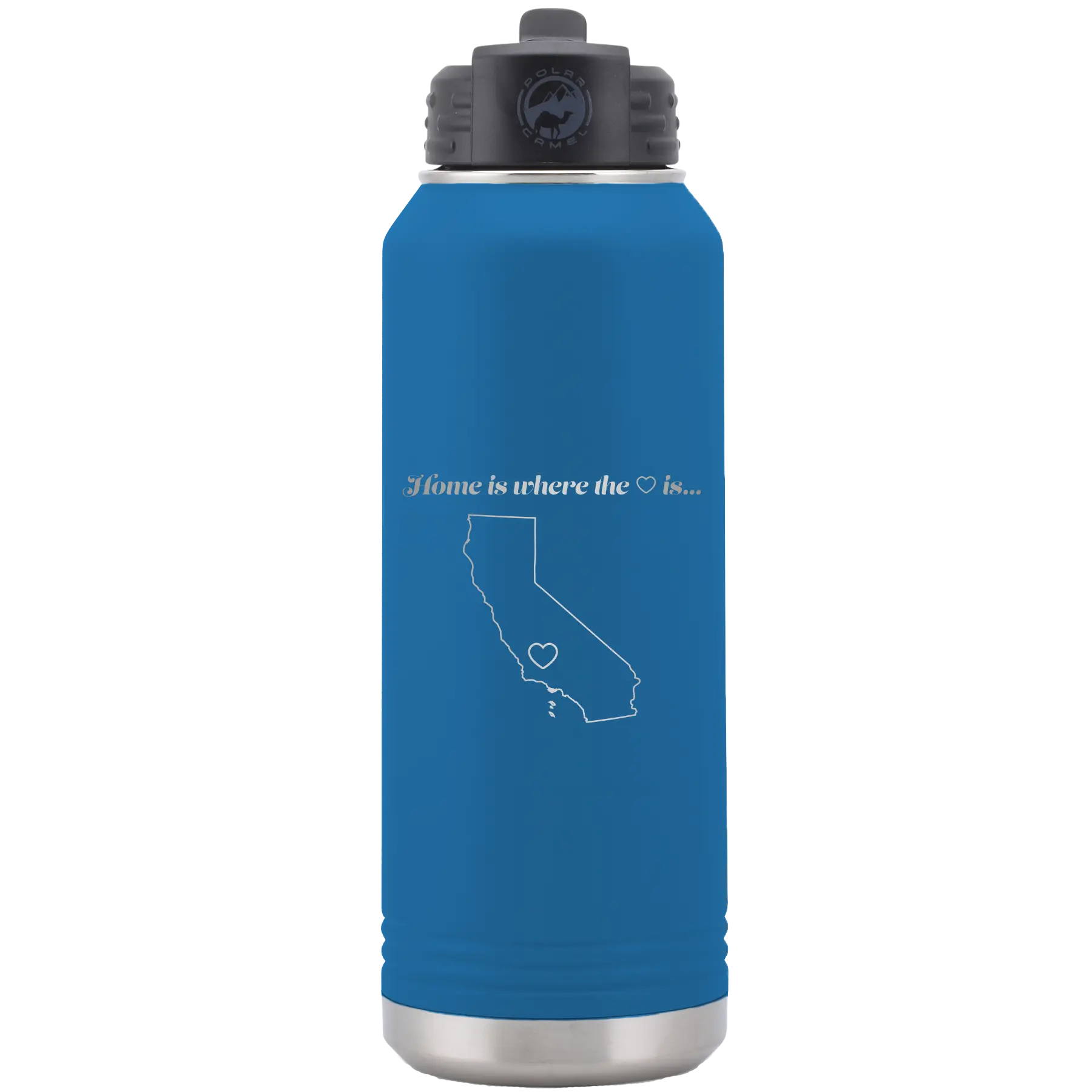 Laser etched royal blue 32 oz vacuum insulated water bottle with 'California Heart' design