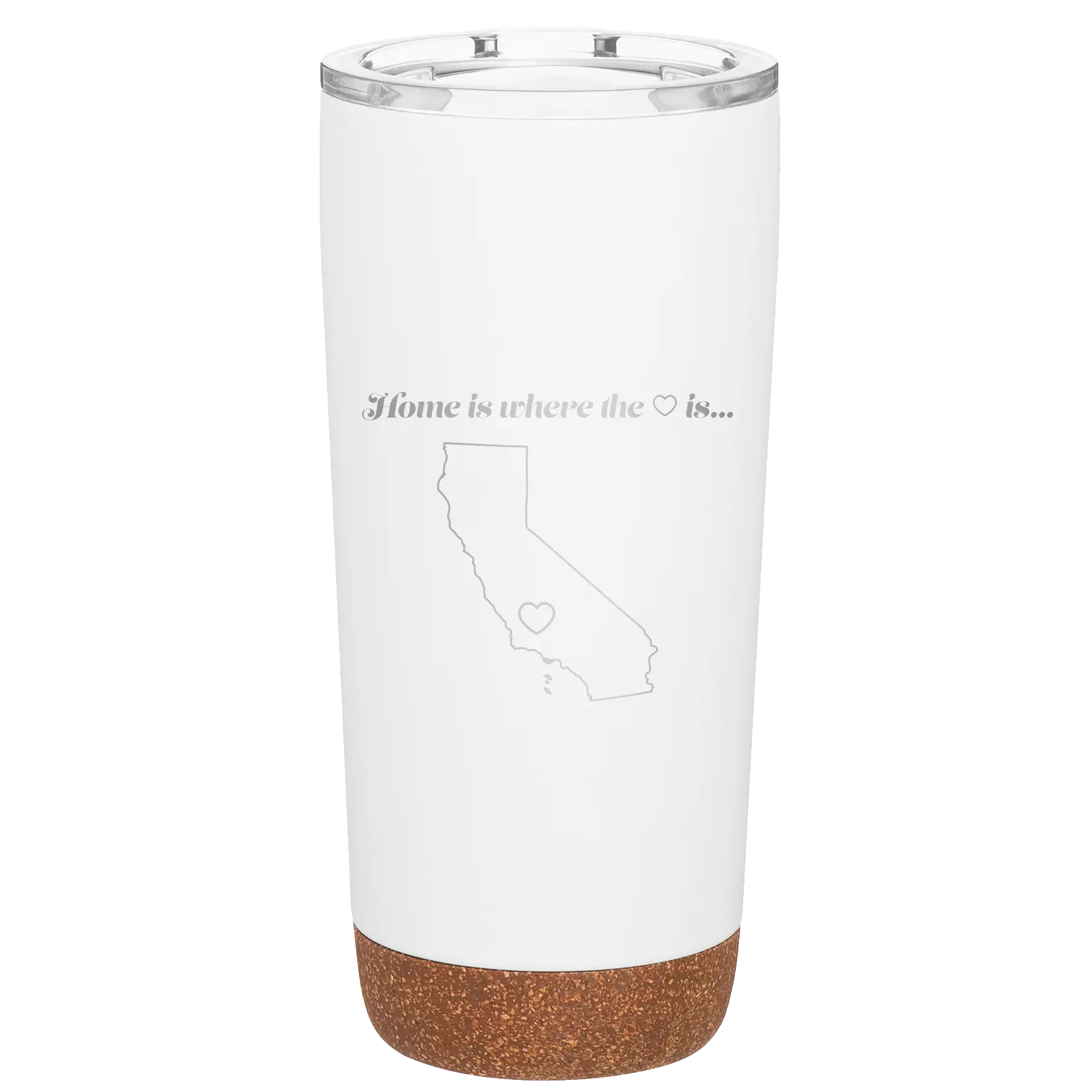 Laser etched white 20 oz vacuum insulated tumbler with 'California Heart' design