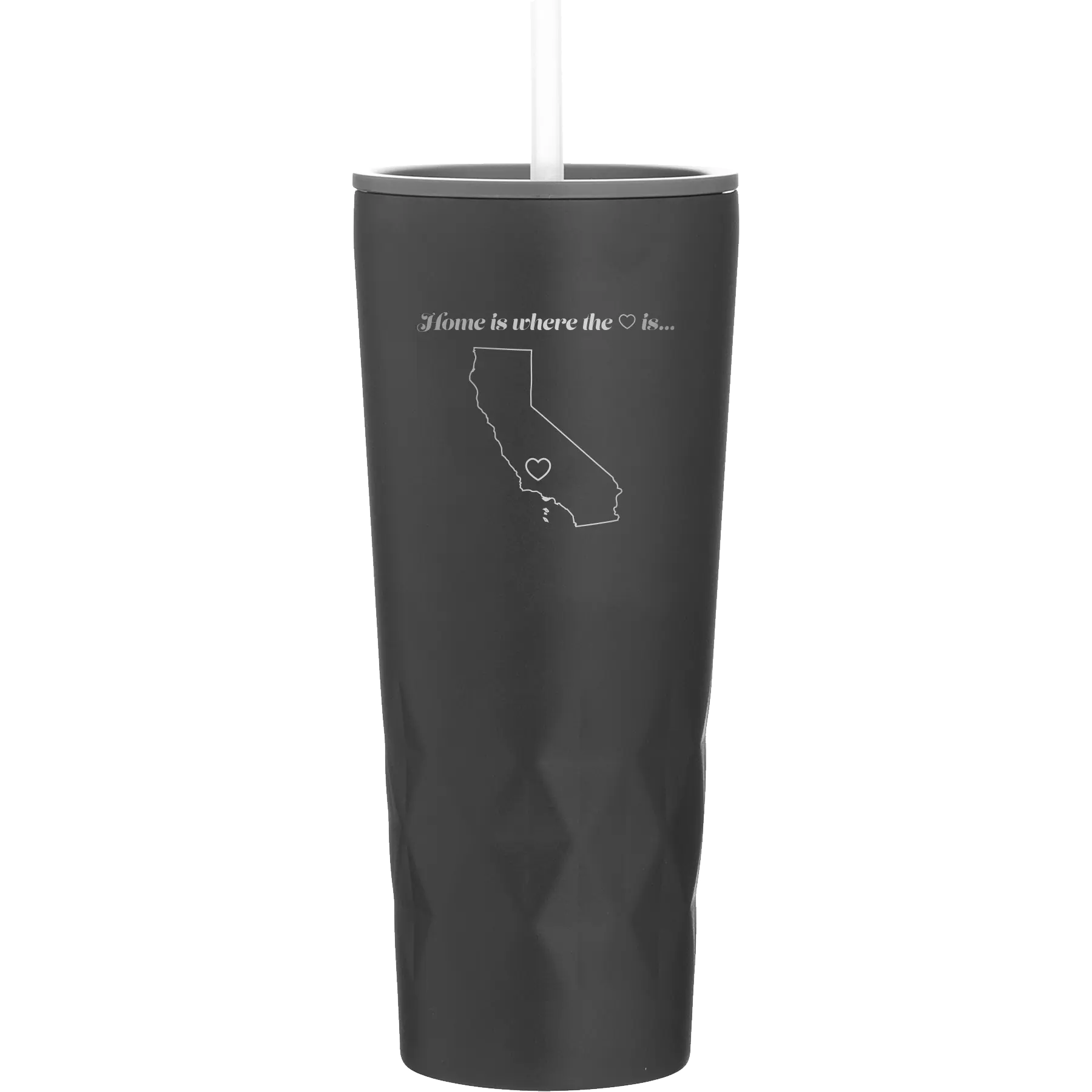 Laser etched black 20 oz vacuum insulated tumbler with 'California Heart' design