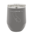 Laser etched dark gray 12 oz vacuum insulated wine cup with 'California Heart' design