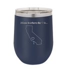 Laser etched navy 12 oz vacuum insulated wine cup with 'California Heart' design