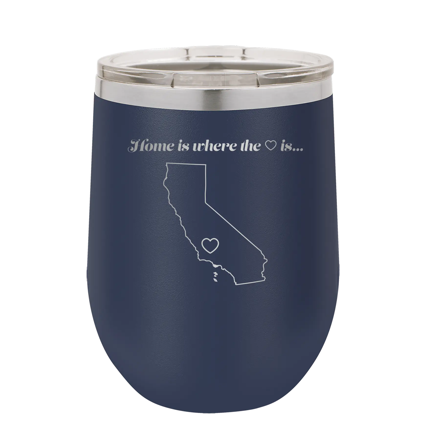 Laser etched navy 12 oz vacuum insulated wine cup with 'California Heart' design