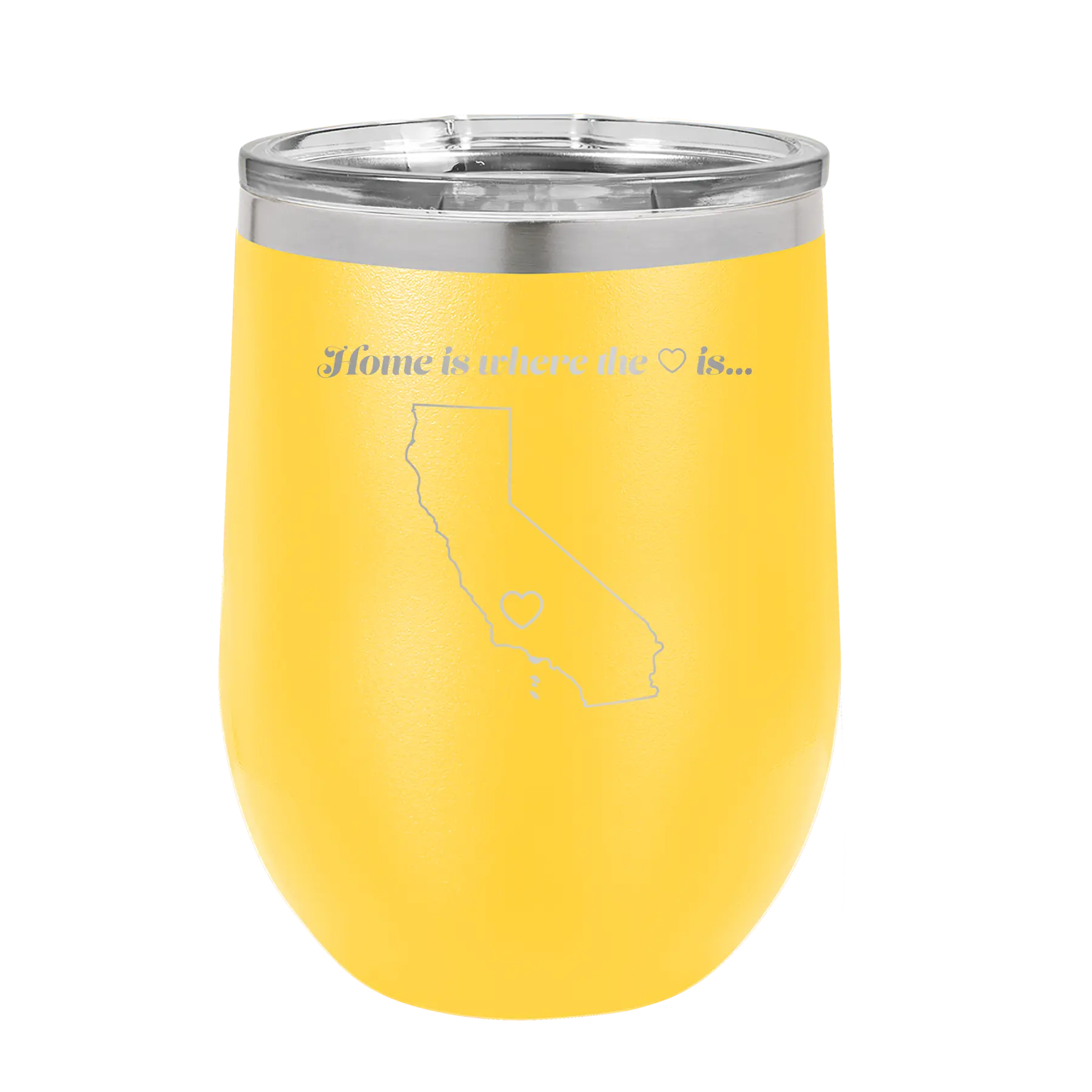 Laser etched yellow 12 oz vacuum insulated wine cup with 'California Heart' design