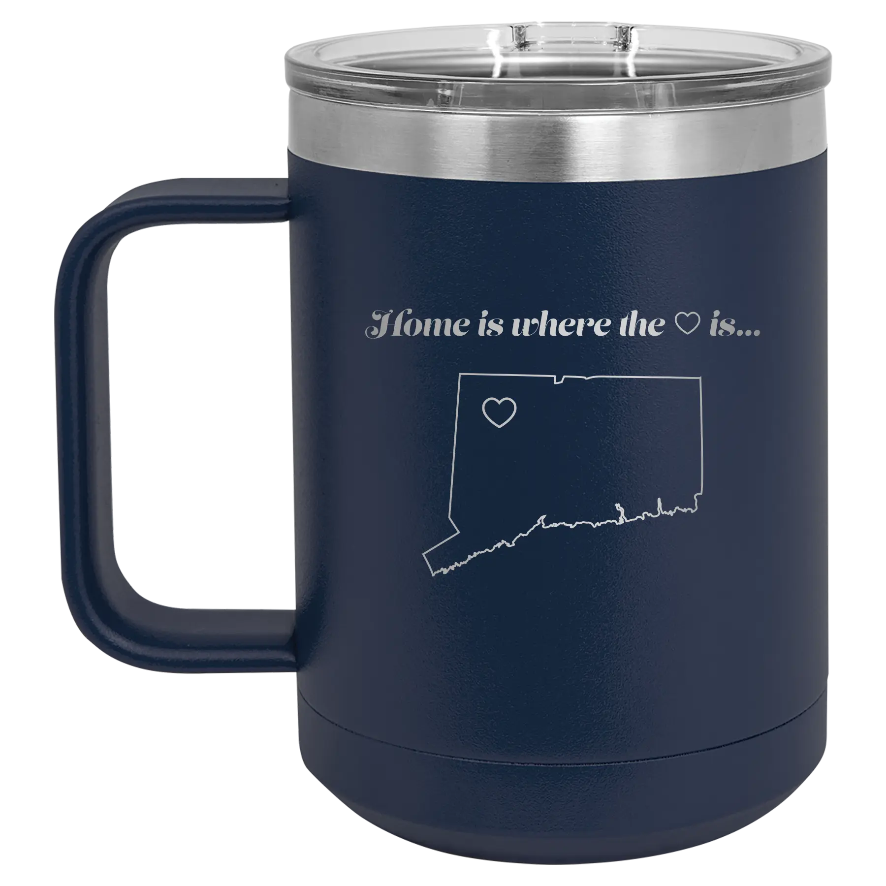 Laser etched navy 15 oz vacuum insulated coffee mug with 'Connecticut Heart' design