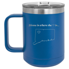 Laser etched royal blue 15 oz vacuum insulated coffee mug with 'Connecticut Heart' design