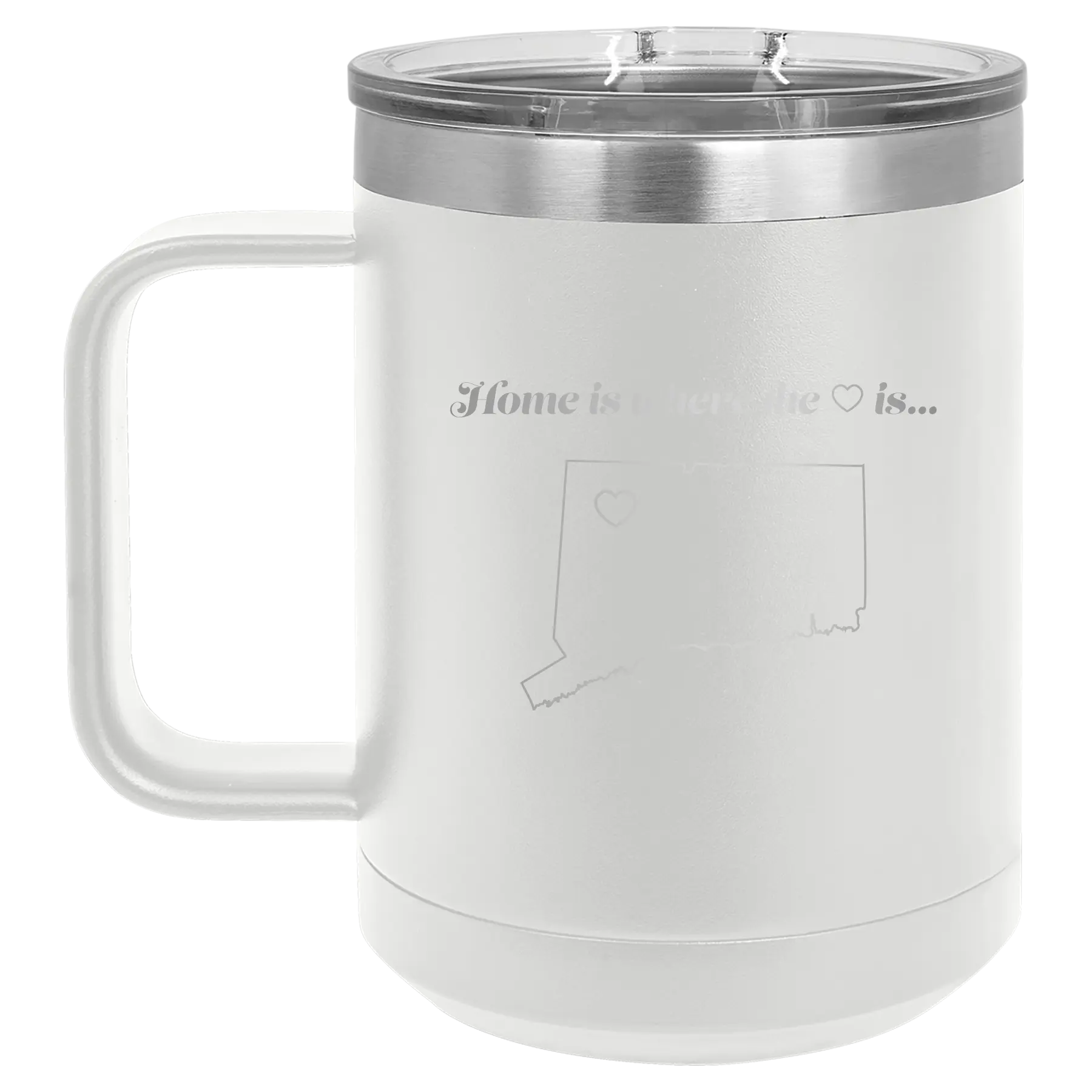 Laser etched white 15 oz vacuum insulated coffee mug with 'Connecticut Heart' design