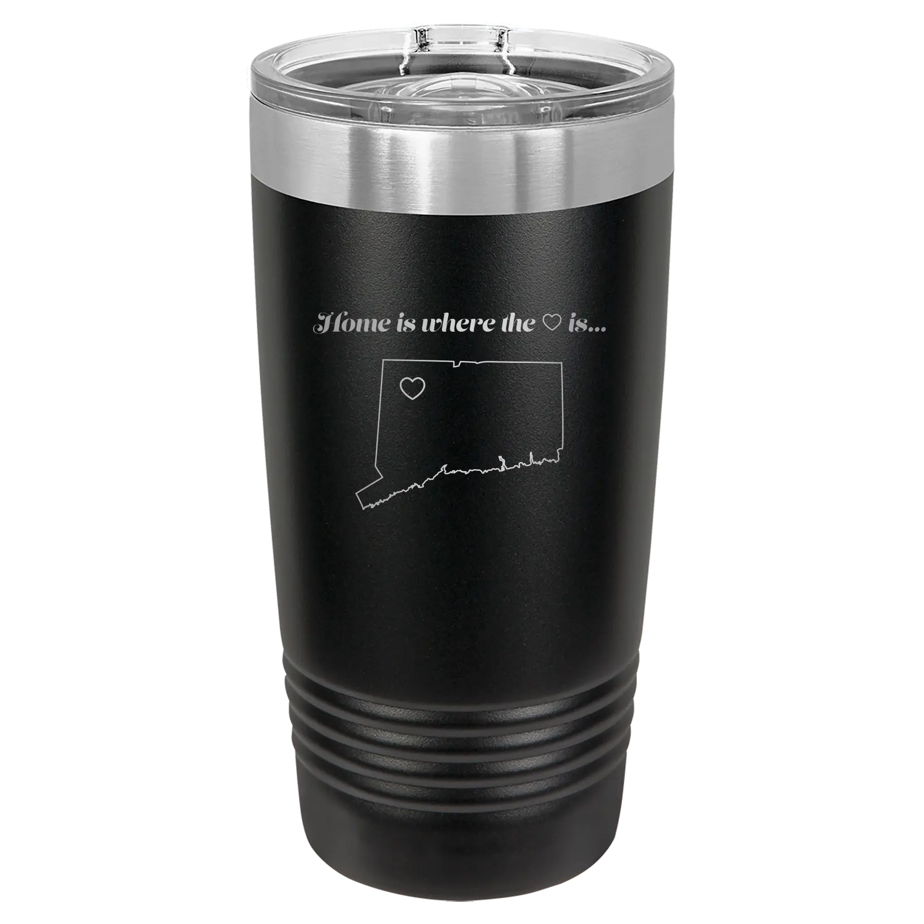 Laser etched black 20 oz vacuum insulated tumbler with 'Connecticut Heart' design