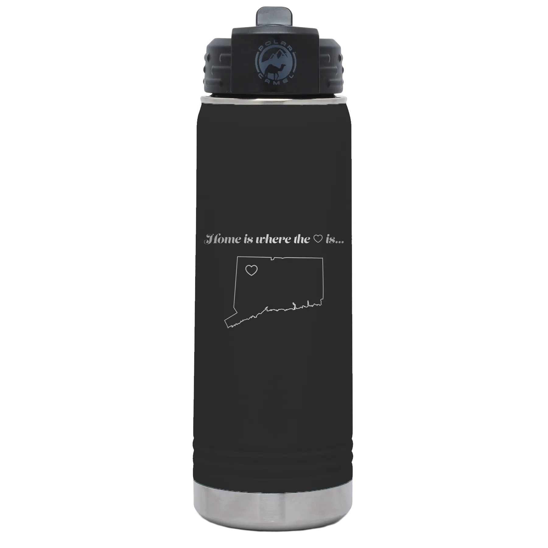 Laser etched black 20 oz vacuum insulated water bottle with 'Connecticut Heart' design