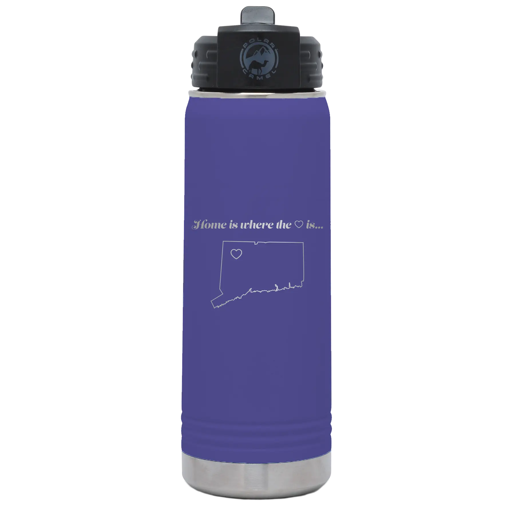 Laser etched purple 20 oz vacuum insulated water bottle with 'Connecticut Heart' design