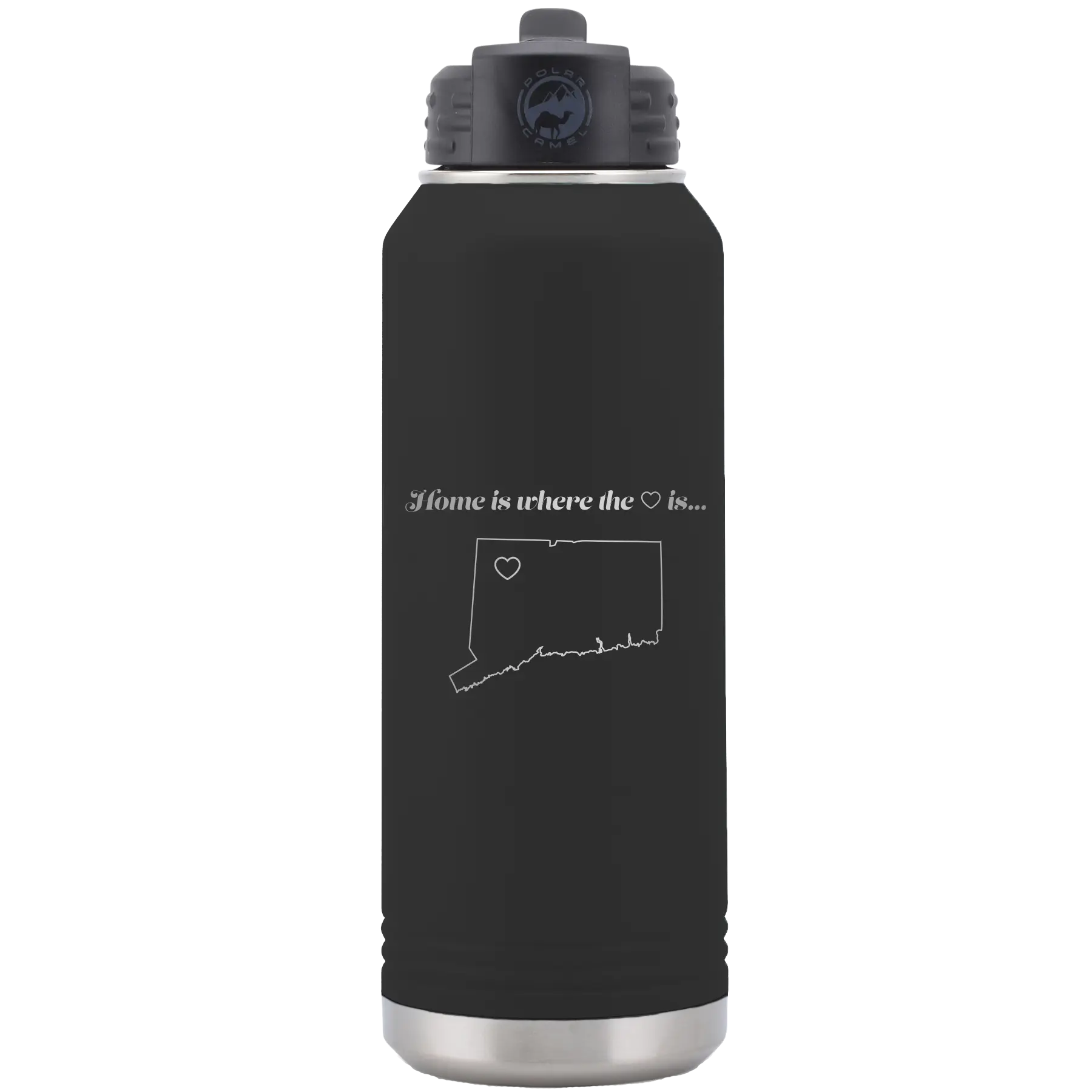 Laser etched black 32 oz vacuum insulated water bottle with 'Connecticut Heart' design